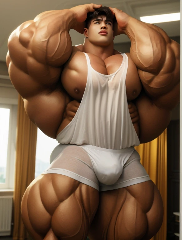 1boy, giant, model shoot style, staring, illuminating light, golden hour, strong body, bulk, large size, standing, armpit, hand on his head, in the photo studio room, white triangular underwear, prominent bulge, big, brutalmass, giant, muscular body, bulk, massive body, large meaty body size