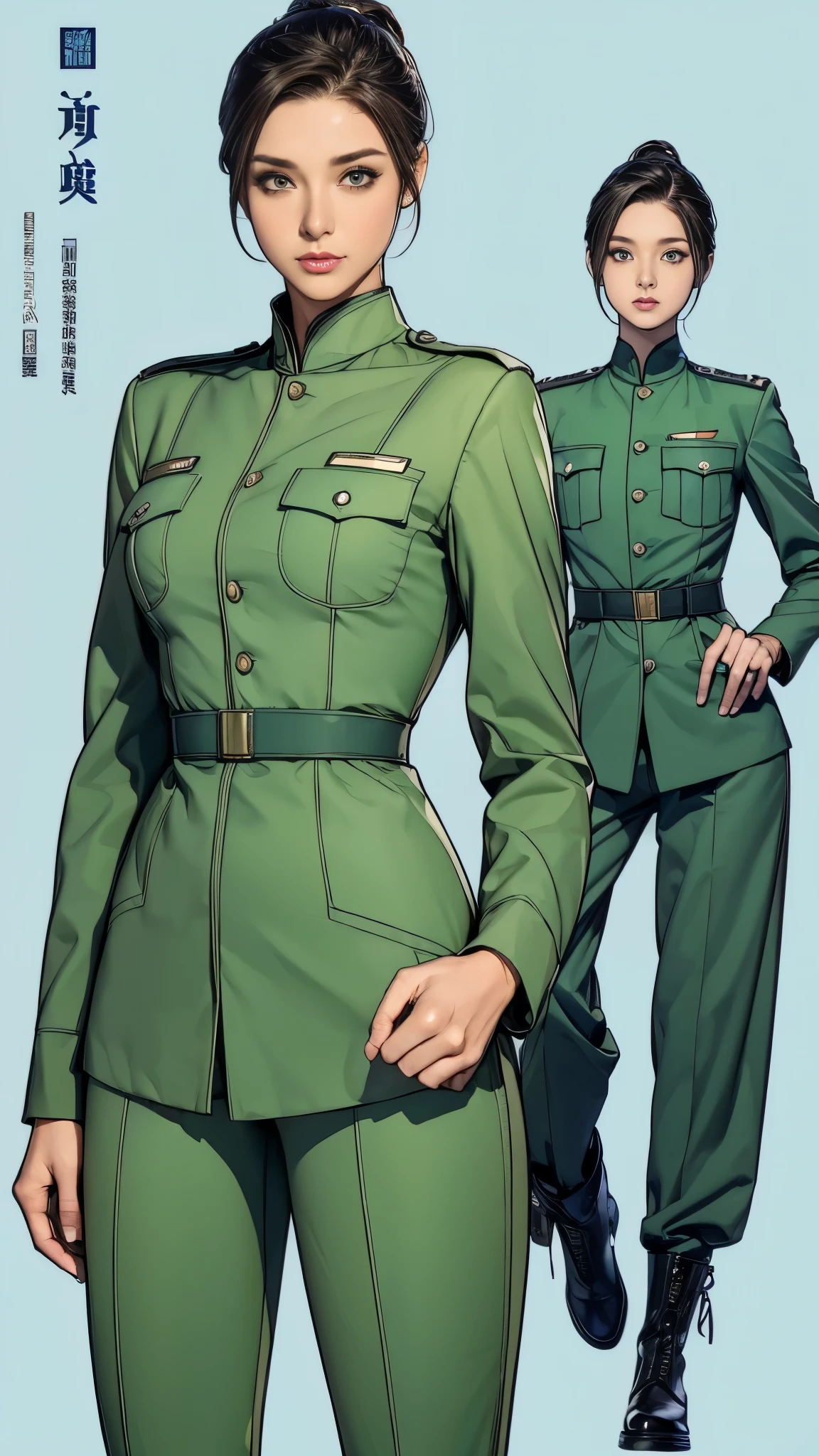 ((masterpiece)),(((highest quality))),((Reference Sheet, Character Design, front, return, ~ ~ side, Mr..々Hairstyle, Mr..々Performance, Facial Expressions)), , Cute type, (Very slim:1.4), (Very small ass:1.4), Realistic buttocks, (Medium bust:1.4), Short Bob, Thin thighs, Long legs, It's not a big deal,(A female Earth Federation officer is walking), (Wearing Earth Federation military uniform, Light green and light blue military uniforms),(Worn by federal government employees'White Hat:1.5)
