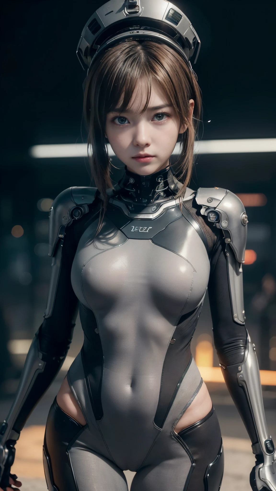 ((Steam is emitted from the whole body:1.2, A tremendous amount of aura)), ((highest quality)), ((masterpiece)), ((Realistic)), (detailed), (Photorealistic:1.5), (Future Beautiful Girl:1.3, Baby Face:1.7), (Japanese, Korean, Chinese), (Very thin body), (((Tight grey bodysuit))), ((14 years, Height 143cm)), ((SF:1.3)), Armor Light, ((Cybernetic Headwear, Smart Devices)), (Brown Hair, Pineapple hair), (((Small and slender figure))), (Looking into the camera), ((Sexy pose:1.2)), Hmph, Ray Tracing, NVIDIA, Super Resolution, Scattered beneath the surface, PBR Texturing, postprocessed, Anisotropic Filtering, Depth of written boundary, Maximum clarity, Rule of thirds、8K RAW、(非常にdetailedなCG, Unity 8k wallpaper, (Cinematic lighting:1.1), (Lens flare), Reflective plate, Sharp focus, (Cyberpunk art, Cyberpunk architecture), (Accurate Shadows:1.2), (detailedな目と顔:1.3), detailedな手:1.3, &#39;s small hand:1.3)