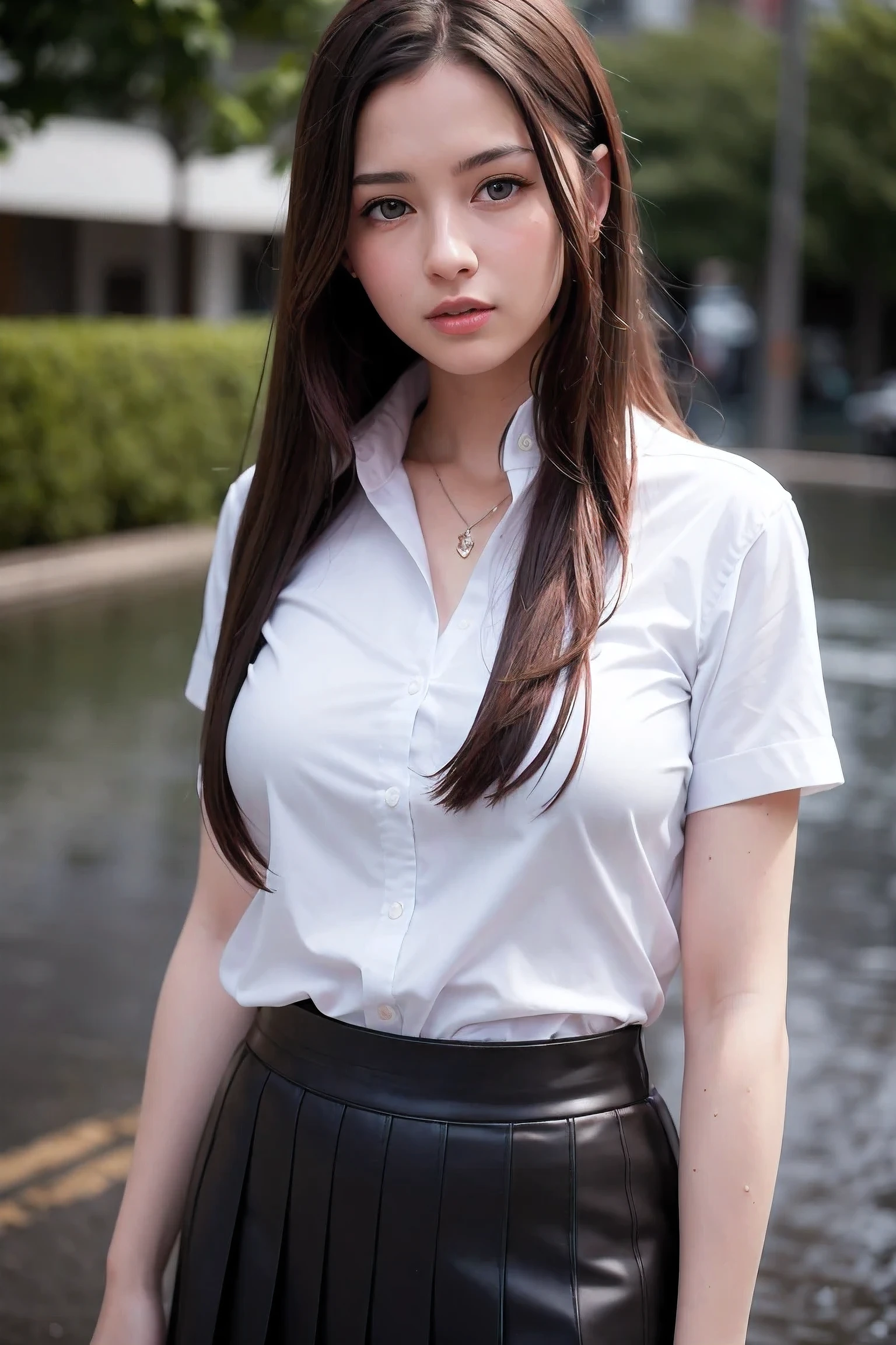 best quality, masterpiece, ultra high res, (photo realistic:1.4), 1 girl, medium breasts, big blue eyes, brown hair, white button shirt, black skirt, school uniform, cute, young, posing, very long hair, looking at viewers, rain, wet, professional lighting, physically-based rendering