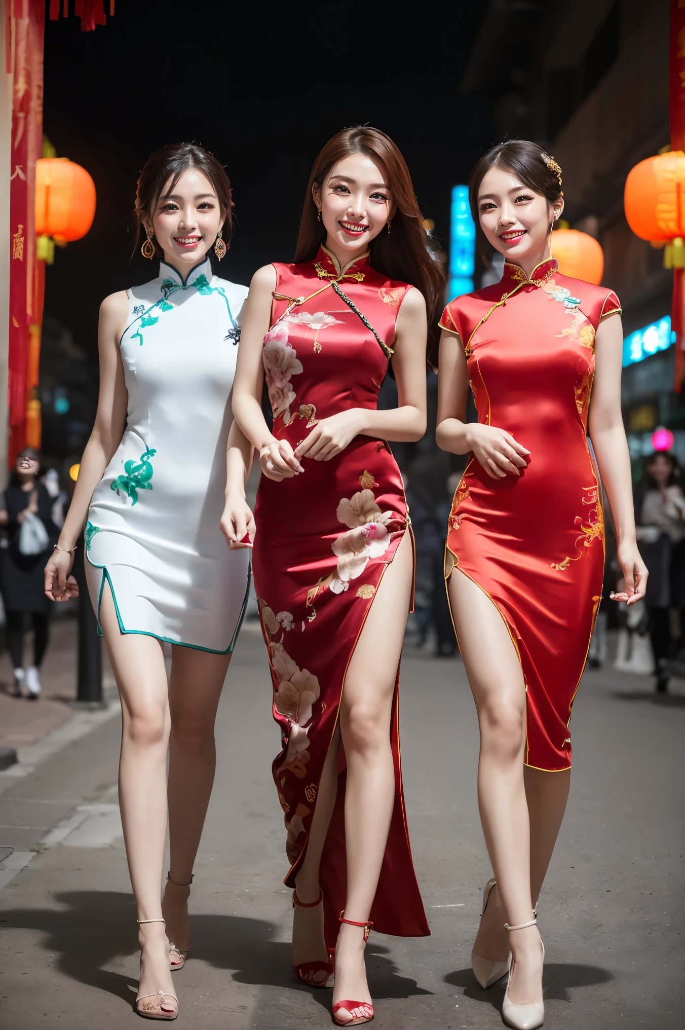 ((highest quality、Tabletop、8k、Best image quality、Hyperrealism))、(Group photo of five Chinese women in Chinese dresses:1.5)、A group of beautiful women wearing cheongsam、A large gathering of Chinese beauties、Full of Chinese beauties、A group of beautiful women wearing cheongsam、Many beautiful women wearing Chinese dresses、Detailed face、Photo from the waist up、the most luxurious cheongsam、Chinese dress with intricate decoration))、(women look at me、smile、Laughter、Beautiful Teeth、Perfect Anatomy、Dark red lipstick、Big ample breasts、Accentuate your body lines)、((The background is Beijing at night、walking down the streets of beijing、Midnight、Complete darkness))
