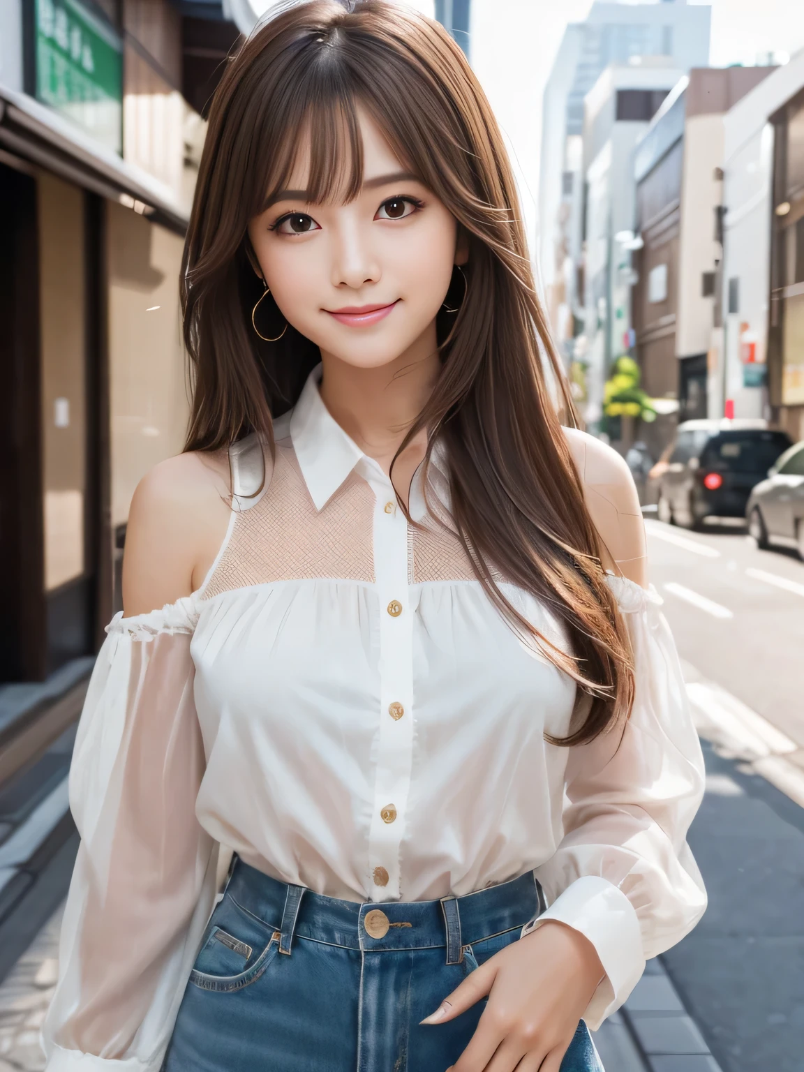 Ultra-high resolution, Superior Quality, highest quality, Super detailed, Realistic, 8k, RAW Photos, highest quality, masterpiece, Attractive girl, A wonderful girl, Brown Hair, Shoulder-length layered, Mesh Hair, Japanese Idols, Sophisticated, stylish, blouse,smile、Random cute poses