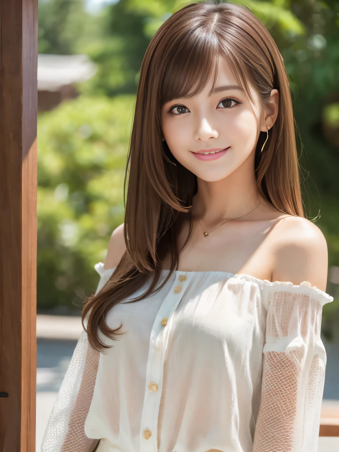Ultra-high resolution, Superior Quality, highest quality, Super detailed, Realistic, 8k, RAW Photos, highest quality, masterpiece, Attractive girl, A wonderful girl, Brown Hair, Shoulder-length layered, Mesh Hair, Japanese Idols, Sophisticated, stylish, blouse,smile、Random cute poses
