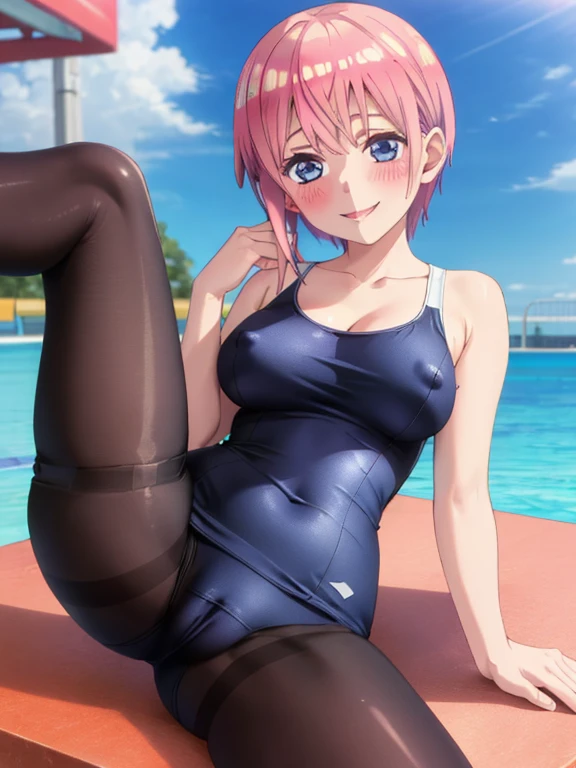 best quality, masterpiece, high quality, insanely detailed, ichika nakano, one-piece swimsuit, breasts, pantyhose, blush, smile, leg spread, nipple, pussy