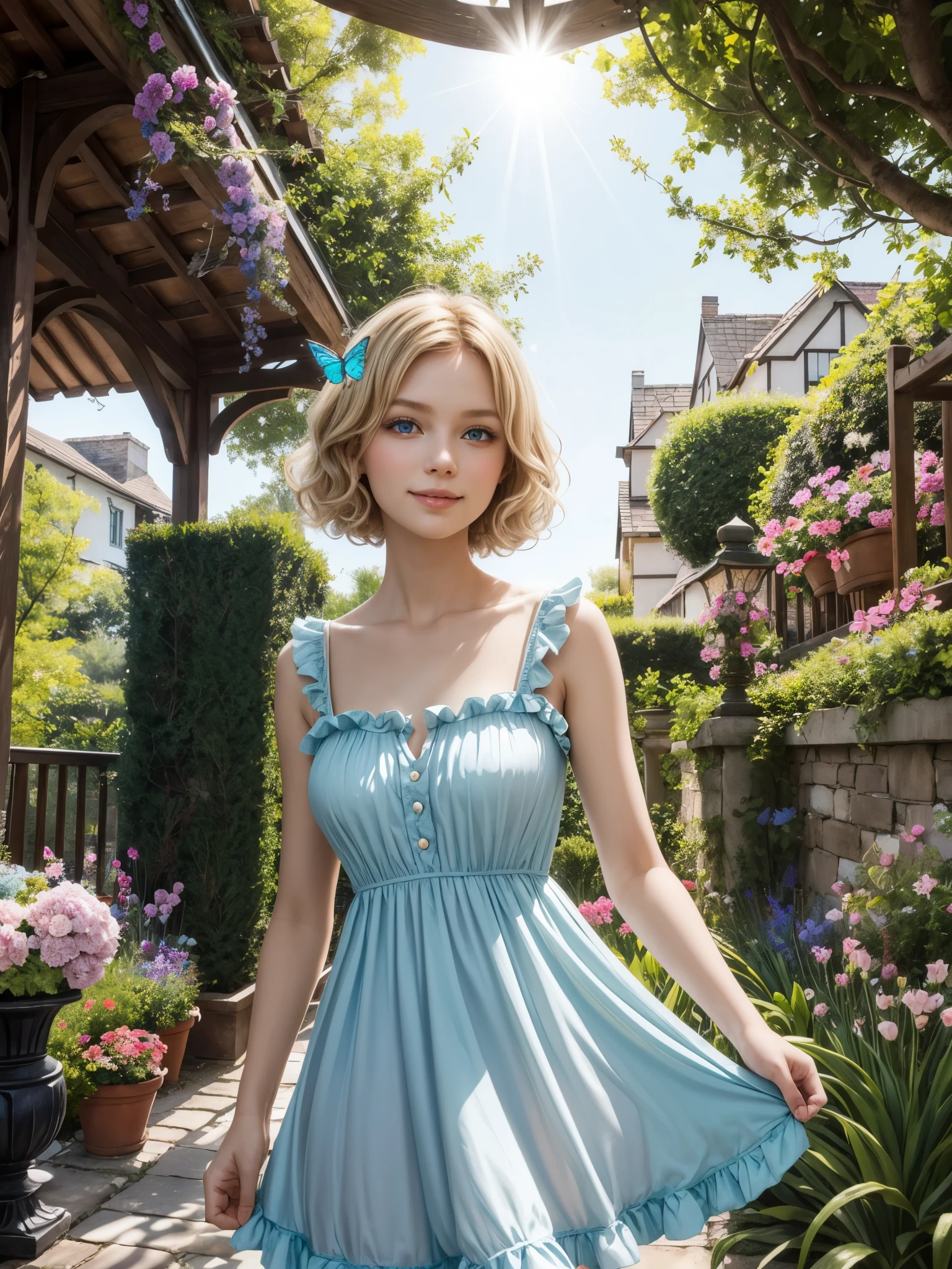 A small, cute woman with a pure, innocent impression, with short, curly blonde hair, large doe-like blue eyes, and a gentle smile, wearing a light-colored, frilly dress, set in a whimsical, pastel-colored background featuring a lush garden with blooming flowers, a winding cobblestone path, a fairy-tale gazebo, fluttering butterflies, and soft sunlight streaming through the trees, casting a magical glow. (breasts:1.2), 