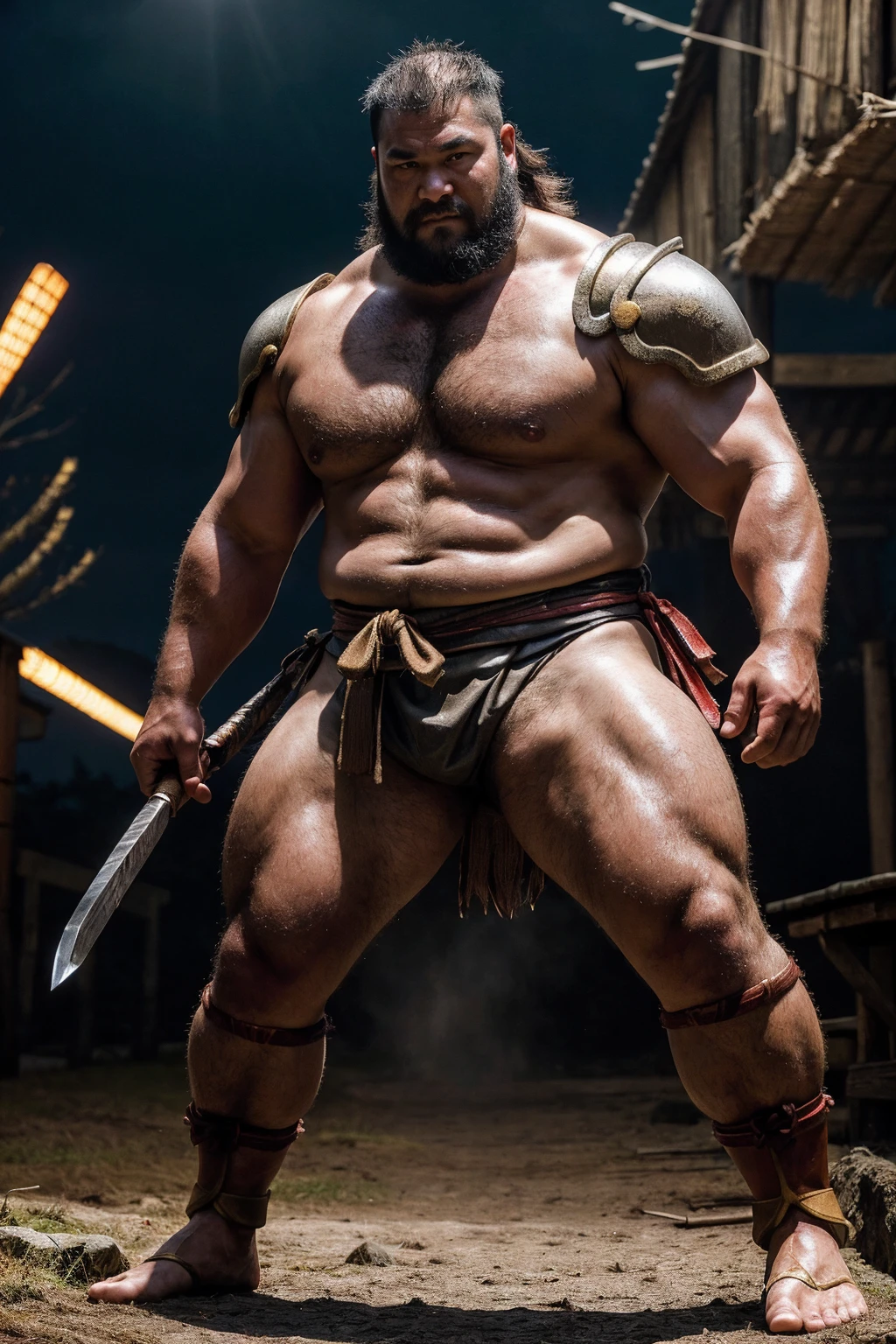 looking at me, face, a fat gentle barbarian, He is a Japanese, mid combat, leather armor, legs exposed from thighs to feet, fierce, battleground background, masterpiece, volumetric lighting, Dramatic, Japanese style Loincloth, 