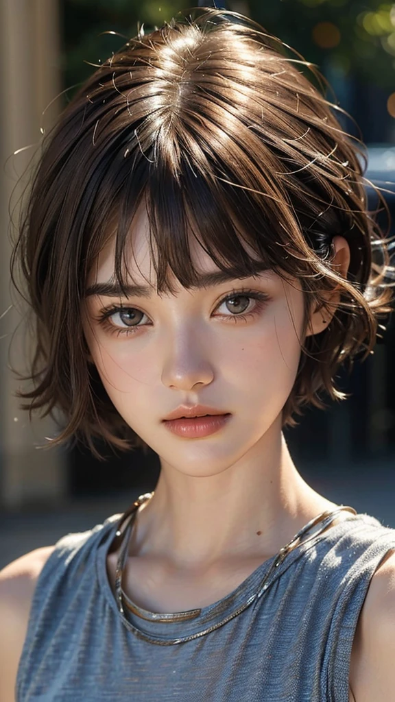 cute 22 year old,1 girl,Narrow face,((Bangs cut)),((Very short hair brown hair)),close, 8k, RAW photo, highest quality, masterpiece,realistic, photo-realistic,