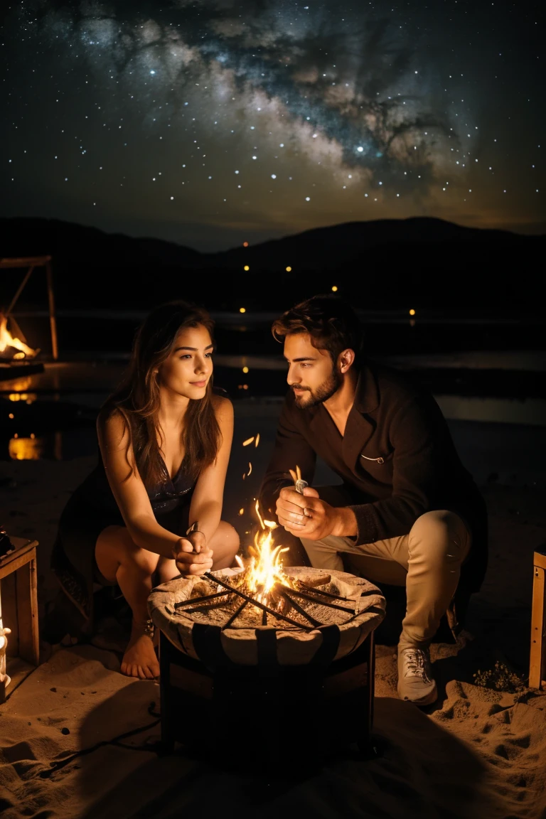 a man and a woman sitting around a campfire on a deserted beach at night, starry sky, rostos detalhados, lindos olhos detalhados, beautiful detailed lips, olhos e rosto extremamente detalhados, long eyelashes, warm bonfire lighting, film composition, cores vibrantes, dramatic lighting , fotorrealista, 8k, high resolution, obra-prima, ultradetalhado, realista
