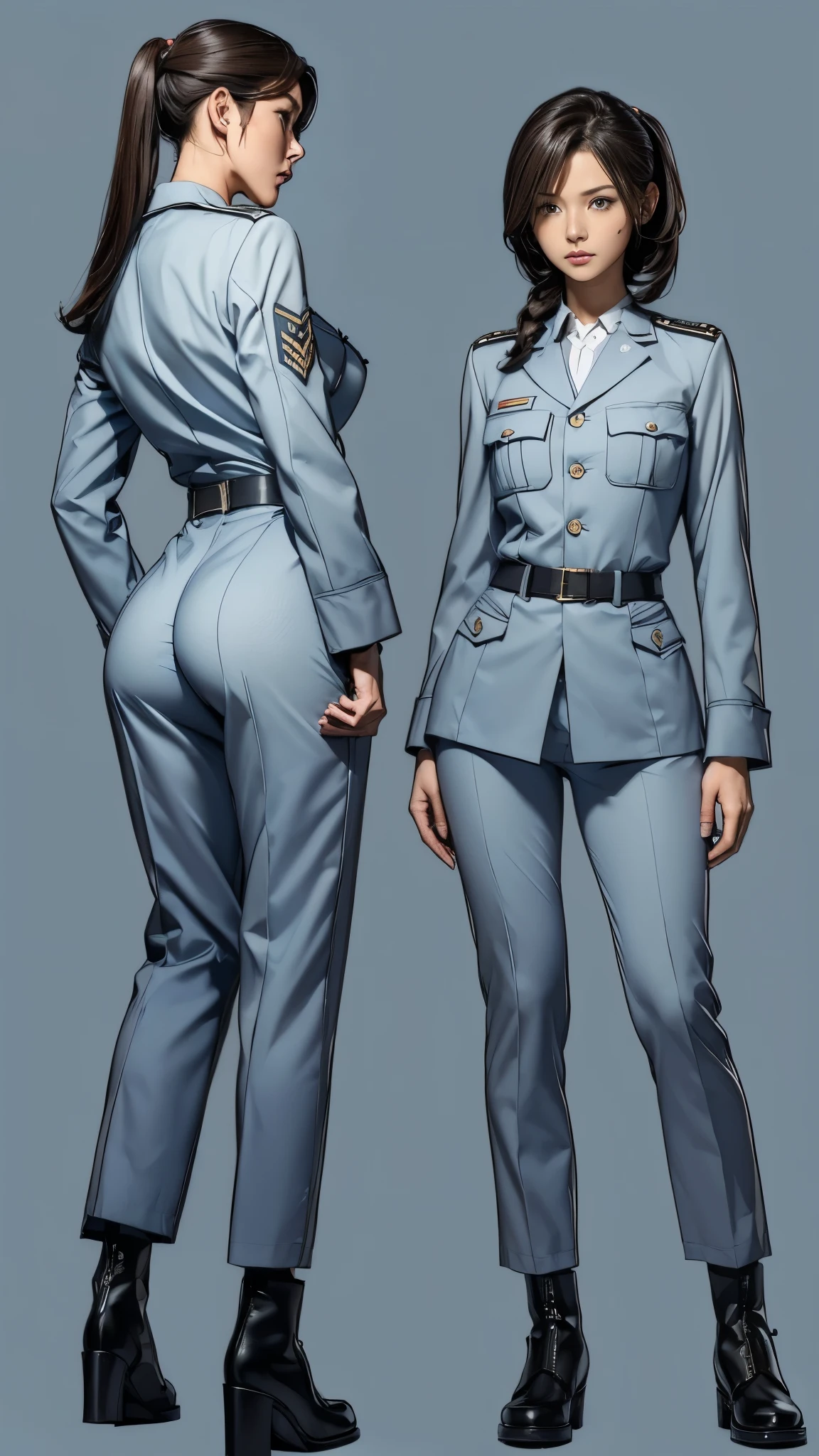 ((masterpiece)),(((highest quality))),((Reference Sheet, Character Design, front, return, ~ ~ side, Mr..々Hairstyle, Mr..々Performance, Facial Expressions)), 14-year-old girl, Cute type, (Very slim:1.4), (Very small ass:1.4), Realistic buttocks, (Big Breasts:1.3), Short Bob, Thin thighs, Long legs, It's not a big deal,(A female Earth Federation officer is walking), (Wearing Earth Federation military uniform, Light grey and light blue military uniform),(Worn by federal government employees'White Hat:1.5)