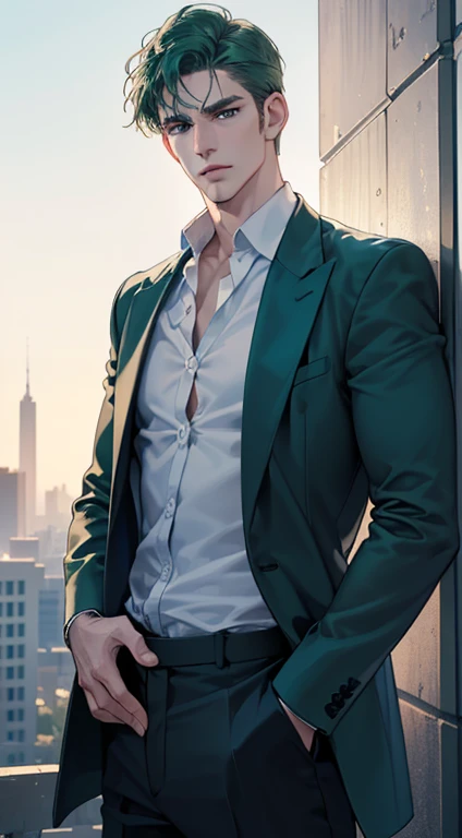 (best quality, masterpiece, 8K, photorealistic, cinematic lighting, 1:4 hdr image, ultra detailed, beautiful image), a mature man, 34 years very handsome, ((cold expression)), short green hair, blue eyes, face perfect without mistakes, ((buttoning his jacket, CEO))