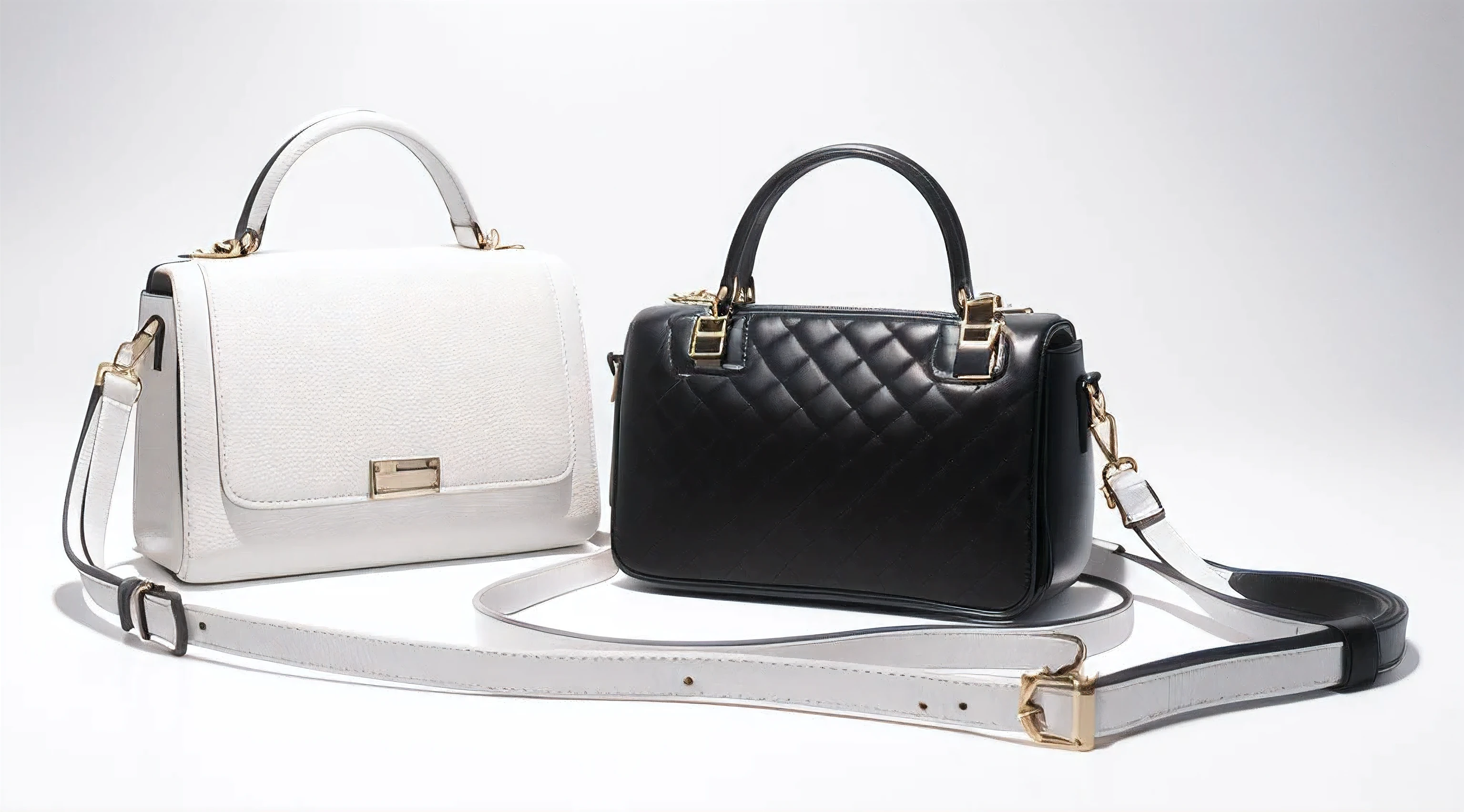 an exclusive high style luxury hand bag on the ground, wide shoot, in isolated white background, high detail, 8k
