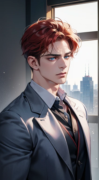 (best quality, masterpiece, 8K, photorealistic, cinematic lighting, 1:4 hdr image, ultra detailed, beautiful image), a mature man, 34 years very handsome, ((cold expression)), short red hair, blue eyes, face perfect without mistakes, ((buttoning his jacket, CEO))