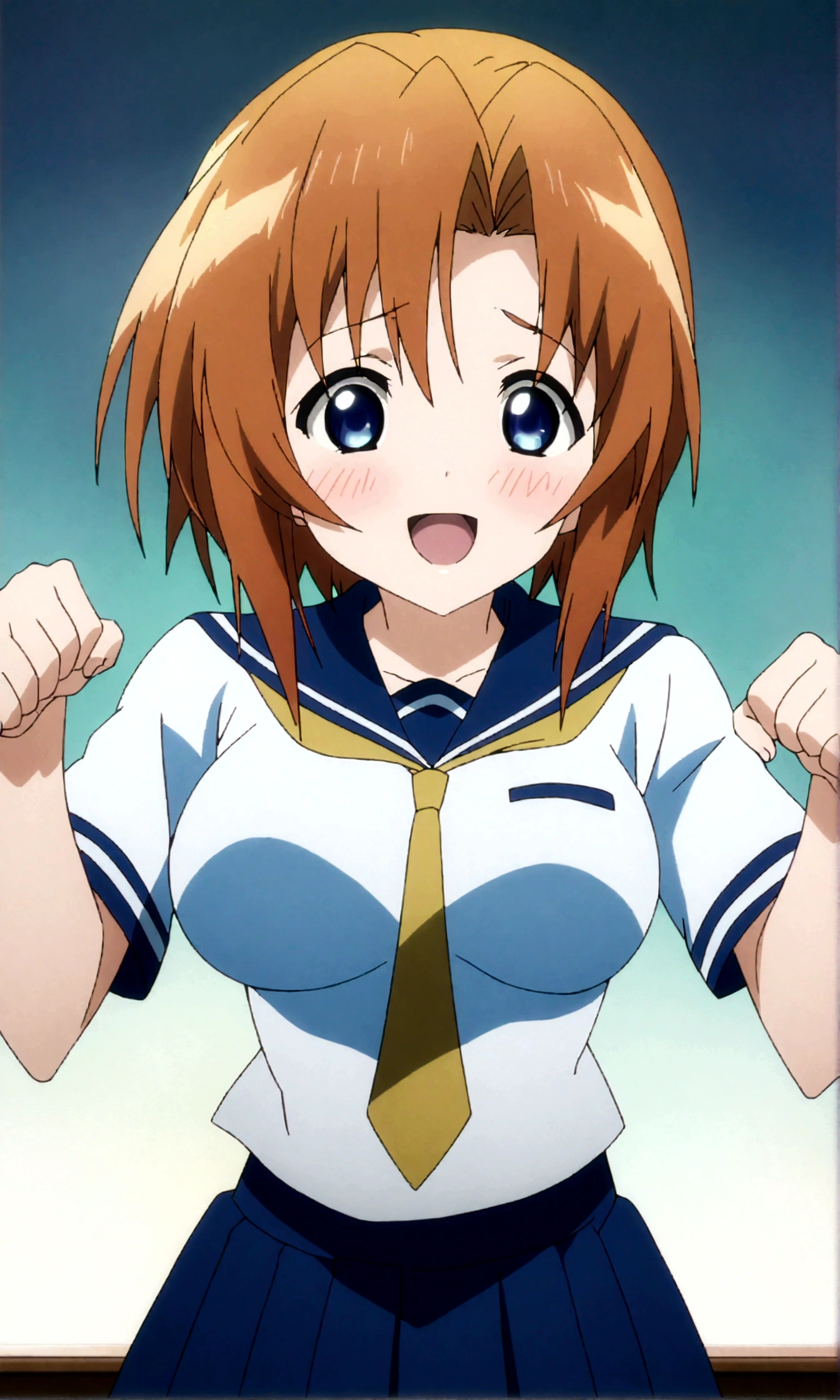  score_9, score_8_up, score_7_up, score_6_up, source_anime, , 1girl, ryuuguu rena, solo, teenage, kawaii, breasts, medium breasts, blue eyes, blush, open mouth, orange hair, short hair, big breasts, simple background, white background, blue , serafuku, skirt, smile, pleated skirt, blue skirt, necktie, yellow necktie,paw pose,straight-on,anime screencap, anime coloring,(best quality),(aesthetic,very aesthetic),anime keyvisual,sharp focus,depth of field,,professional lighting,cinematic lighting,