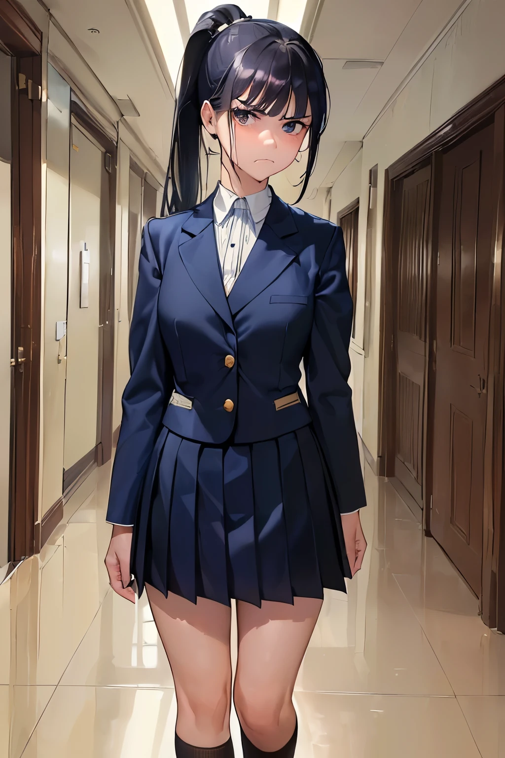 ((best quality)), ((masterpiece)), ((detailed)), (((perfect face))), (((18yo girl in navy blue suit, pleated skirt))), (((black hair))), (((high ponytail))), (((looking at viewer))), (((frowning))), (((interior school corridor))), (((standing))), (((bare thighs))), (((wearing white socks)))