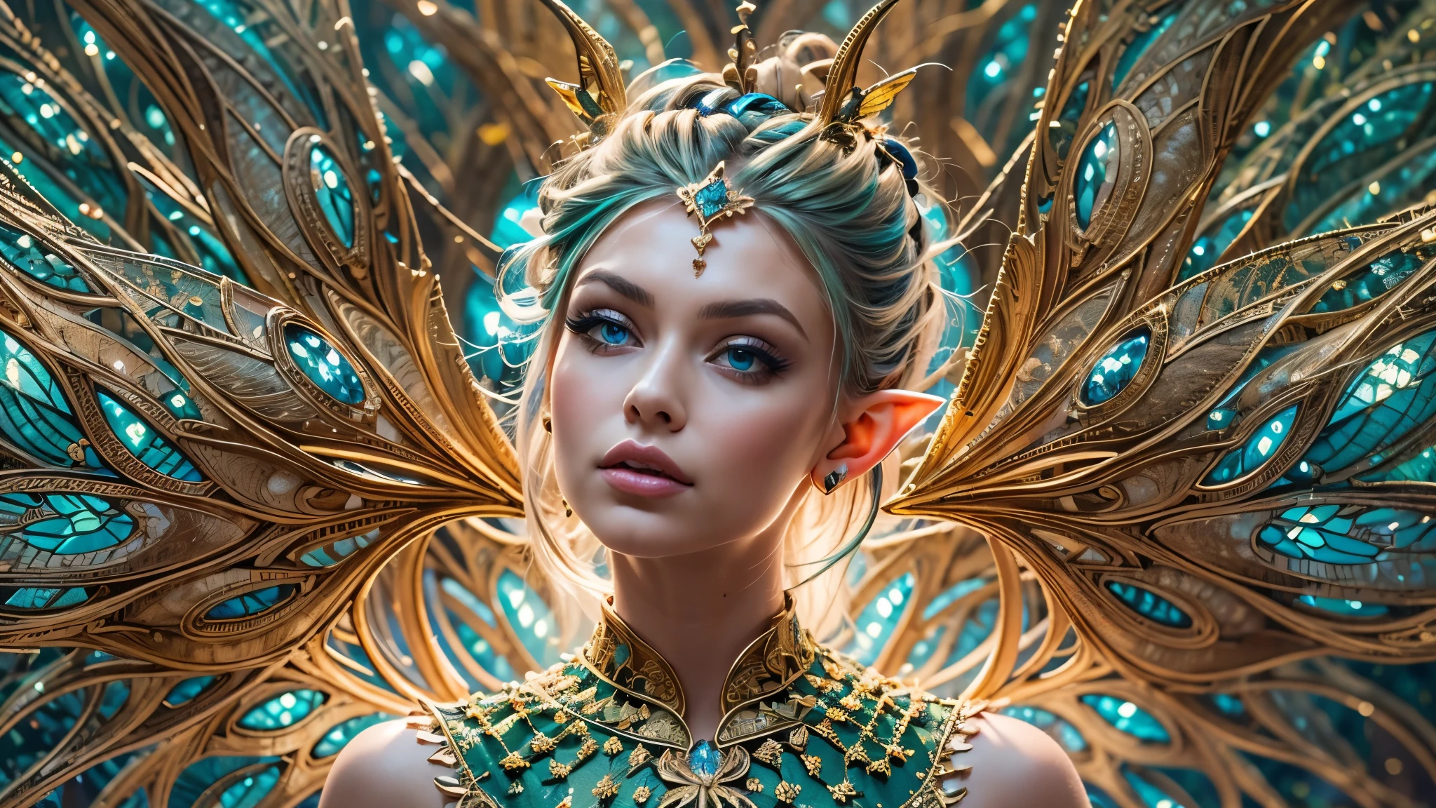 Beautiful faerie woman, elf ear, flying, hovering, floating, centered holographic dragonfly wings, balanced wings, glowing blue eyes, detailed proportional hand, manicured hands, proportional body, firm breast, silk tutu, frank Frazzetta painting style, (Best Quality:1.4), (Ultra-detailed), (extremely detailed CG unified 8k wallpaper), Highly detailed, RAW Photos, Professional Photography, plein air, Illumination, (Super fancy photos:1.4), (Dazzling light), Radiant Photography, depth of fields,