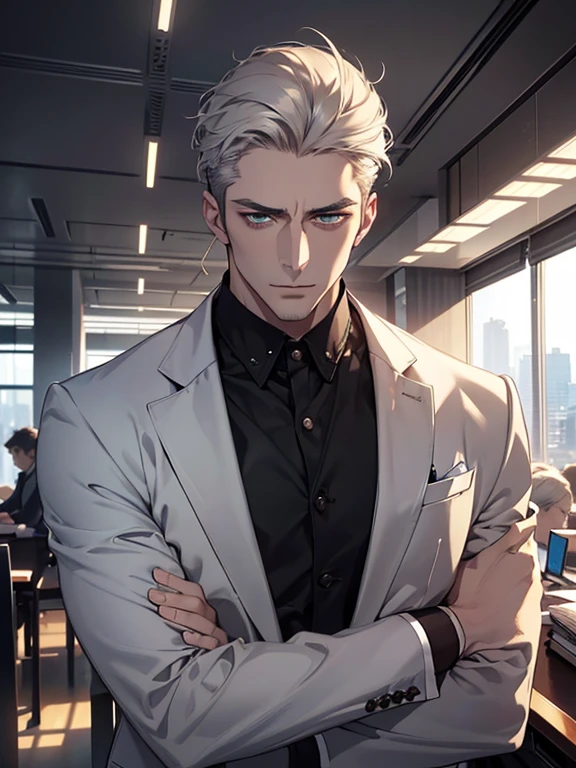 (best quality, masterpiece, 8K, photorealistic, cinematic lighting, hdr image, ultra detailed, beautiful image), 1 man, 31 years old, mature man, very handsome, (without expression, serious), short white hair, green eyes ( penetrating gaze), imposing posture, businessman, office background