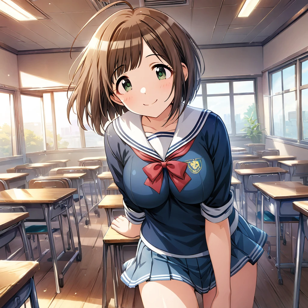 (masterpiece,best quality:1.2), (game cg:1.2), Cowboy Shot,Sharp painting style, One girl, Maekawa Miku(idolmaster), Brown Hair, Bobcut, Droopy eyes, Green Eyes, Ahoge, Short, Being thin, , Normal size boobs, Sailor suit, smile, classroom