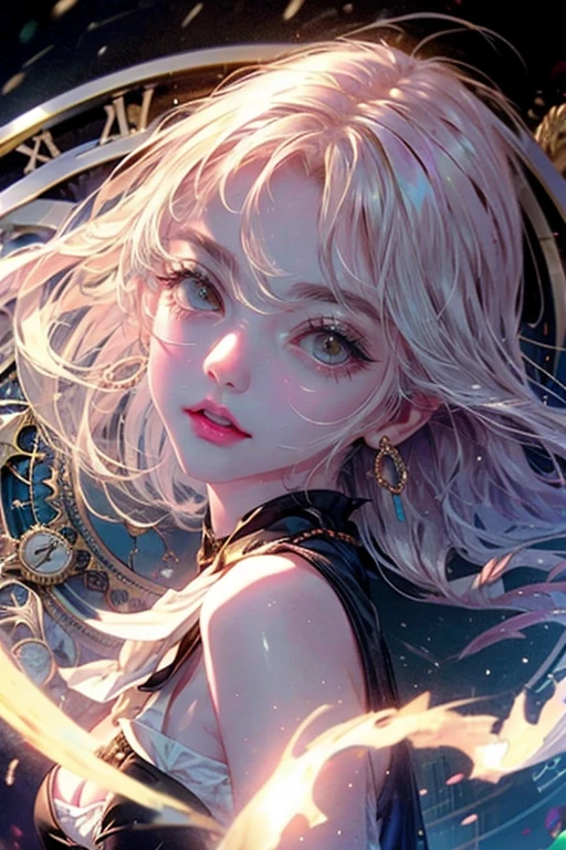 1girl,solo,cute,cleavage,brilliant eye,clock,flow of time,time
