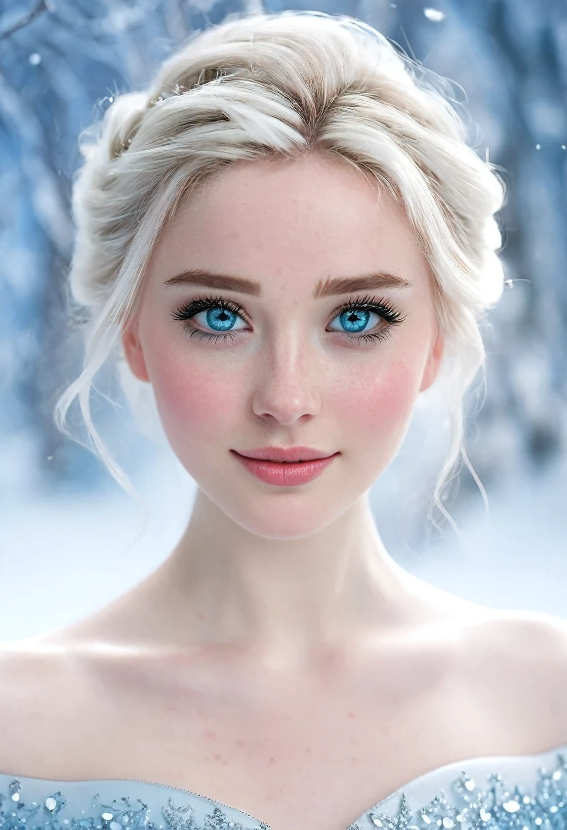 "An up-close portrait of Elsa, the Snow Queen, captures her mesmerizing gaze and delicate features in stunning detail. Her icy blue eyes shimmer with otherworldly brilliance, framed by long, dark lashes that cast soft shadows on her porcelain skin. Each eyebrow is finely sculpted, arched gracefully to frame her face with elegance. Her slender nose bears a subtle curve, while her lips are soft and full, with a natural pink hue that contrasts beautifully with her pale complexion. A delicate blush adorns her cheeks, adding a rosy warmth to her ethereal beauty. From the tiny freckles on her nose to the faint dimples that appear when she smiles, every micro detail is meticulously rendered, capturing the magic and wonder of the animated Frozen universe."