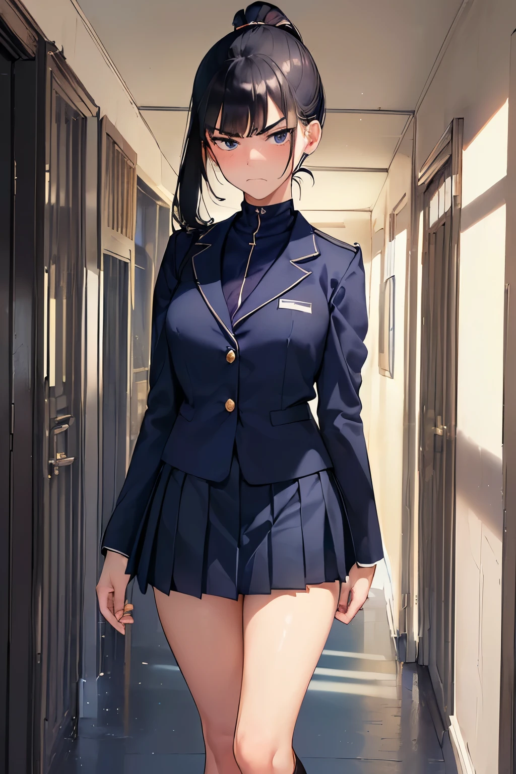 ((best quality)), ((masterpiece)), ((detailed)), (((perfect face))), (((18yo girl in navy blue suit, pleated skirt))), (((black hair))), (((high ponytail))), (((looking at viewer))), (((frowning))), (((interior school corridor))), (((standing))), (((bare thighs))), (((wearing white socks)))