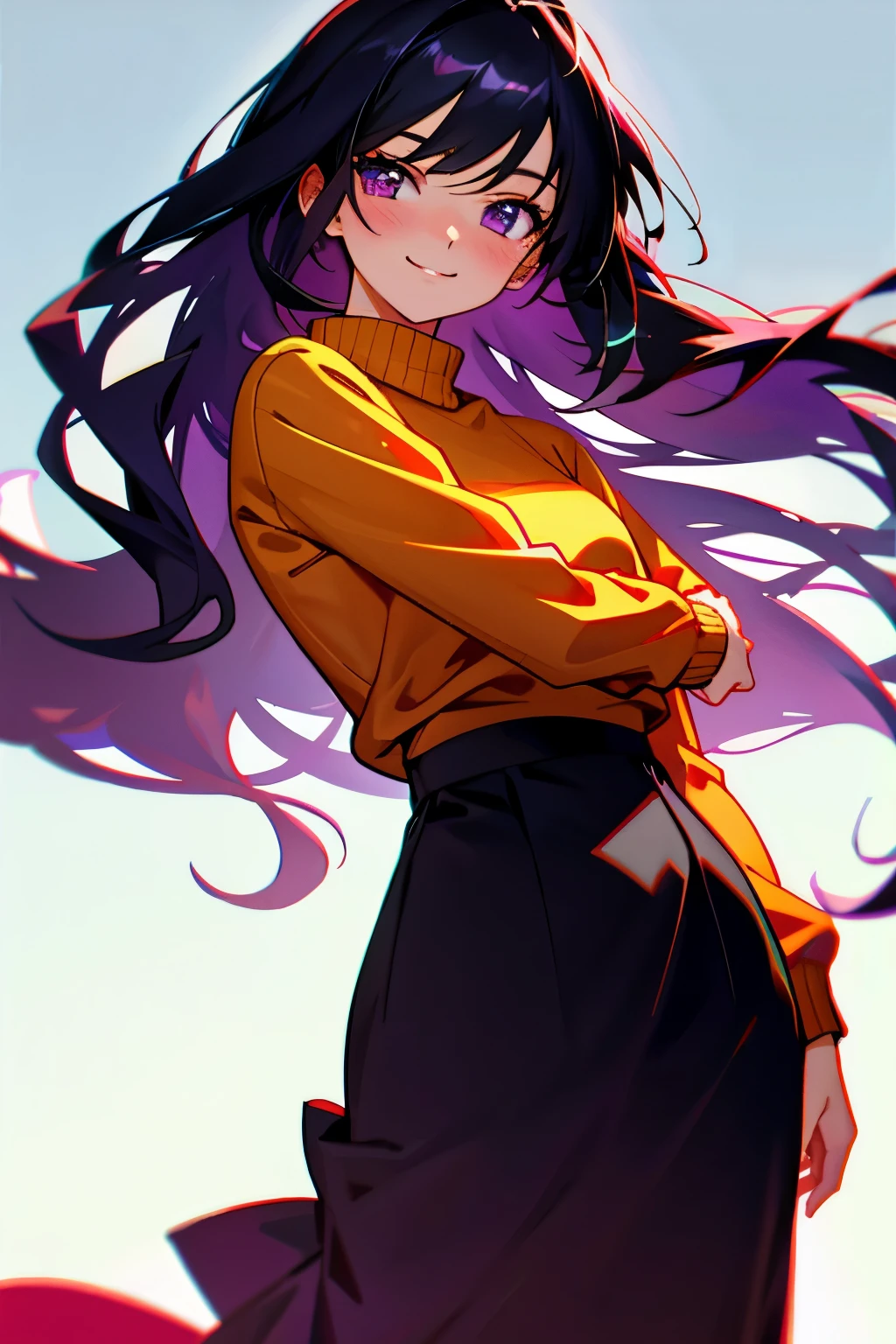 (masterpiece), ((sfw)), best quality, expressive eyes, perfect face, , (1girl,, young adult, beautiful,), solo, black long hair, purple eyes BREAK (fair skin,), cowboy shot, smile, sweater BREAK, long skirt BREAK, standing BREAK, soft smile, :), in love, beautiful face, in love face, in love smile. Looking away, embarrassed