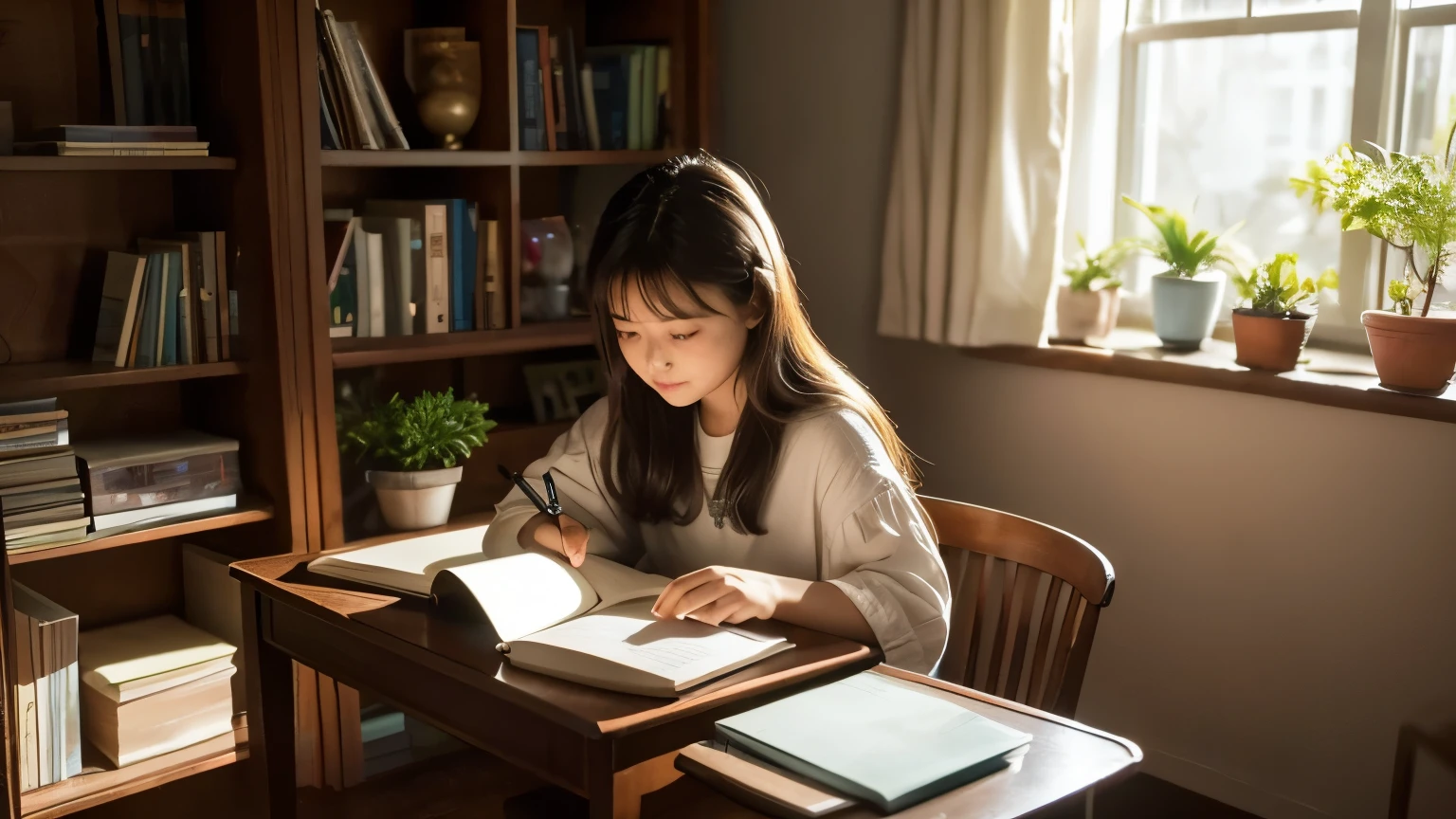 The image shows a girl studying at a desk lit by soft indirect light and decorated with houseplants, elaborately rendered down to the smallest detail. The desk is furnished with notebooks, pens and a sophisticated laptop, while the bookshelf in the background is lined with calmly coloured books and accessories. As the sun sets and night falls, the moonlight shining through the window casts a soft glow, creating a quaint and tranquil atmosphere.