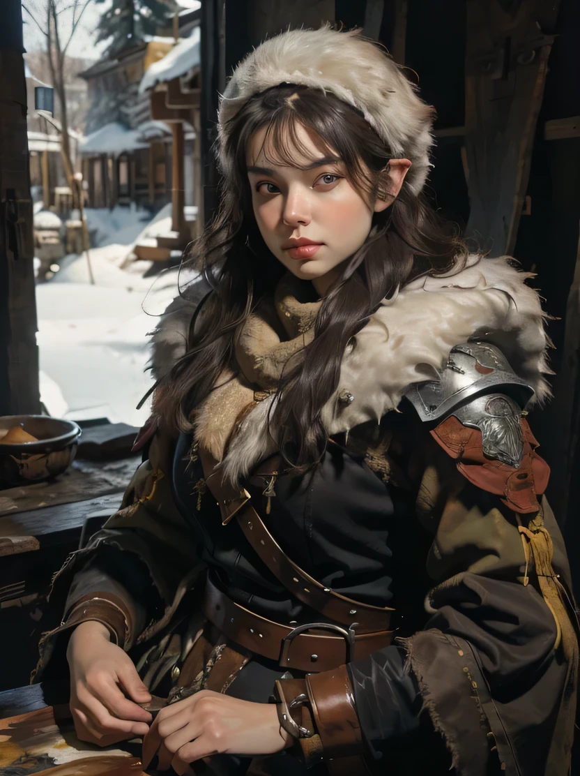 ((masterpiece、highest quality、Very detailed、High resolution、Sharp focus))、The most beautiful dungeons&Dragons artwork、Fantasy Female Dwarf、Short and chubby、Pointed Ears、Red round nose、Winter coat with leather belt around the waist、Leather pouch、White fur hat with earmuffs、Bust Shot、Focus from the chest up、background: Midday Sun、Winter forest、Snow covered ground、wood、oil painting