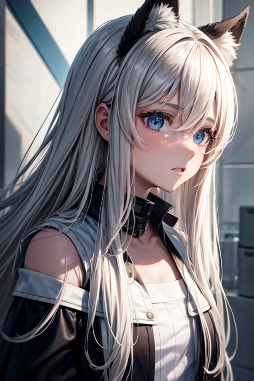 Chica rubia con ojos blancos y tonos negros en su cabello teniendo unas orejas de lobo y unas enormes alas