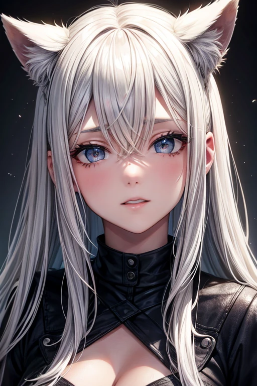 Chica rubia con ojos blancos y tonos negros en su cabello teniendo unas orejas de lobo y unas enormes alas