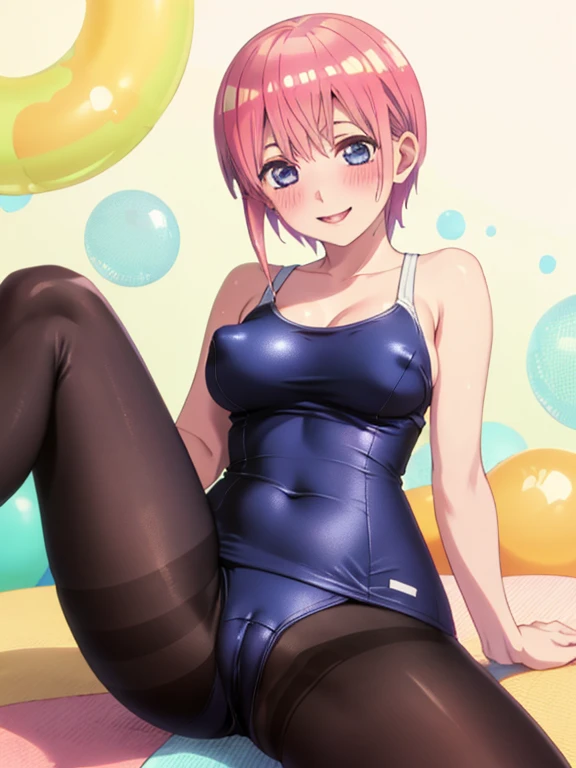 best quality, masterpiece, high quality, insanely detailed, ichika nakano, one-piece swimsuit, breasts, pantyhose, blush, smile, leg spread, nipple, pussy