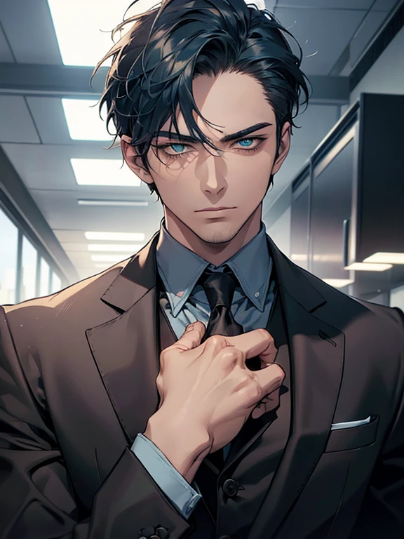 (best quality, masterpiece, 8K, photorealistic, cinematic lighting, hdr image, ultra detailed, beautiful image), 1 man, 31 years old, mature man, very handsome, (without expression, serious), short blue hair, green eyes ( penetrating gaze), imposing posture, businessman, office background