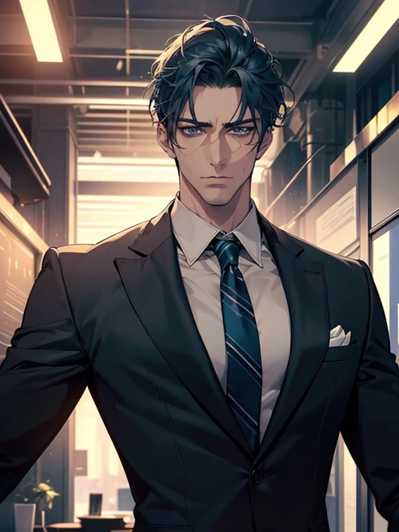 (best quality, masterpiece, 8K, photorealistic, cinematic lighting, hdr image, ultra detailed, beautiful image), 1 man, 31 years old, mature man, very handsome, (without expression, serious), short blue hair, green eyes ( penetrating gaze), imposing posture, businessman, office background