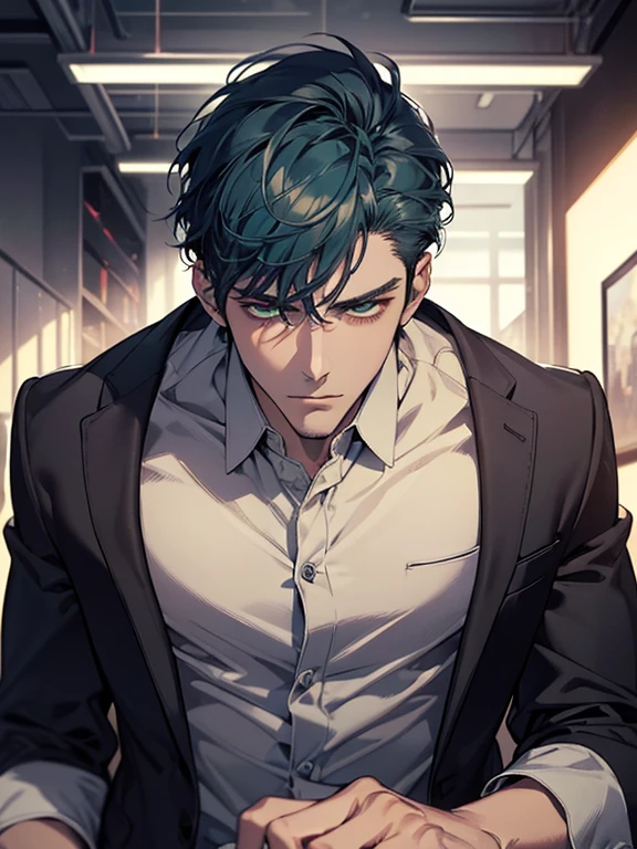 (best quality, masterpiece, 8K, photorealistic, cinematic lighting, hdr image, ultra detailed, beautiful image), 1 man, 31 years old, mature man, very handsome, (without expression, serious), short blue hair, green eyes ( penetrating gaze), imposing posture, businessman, office background