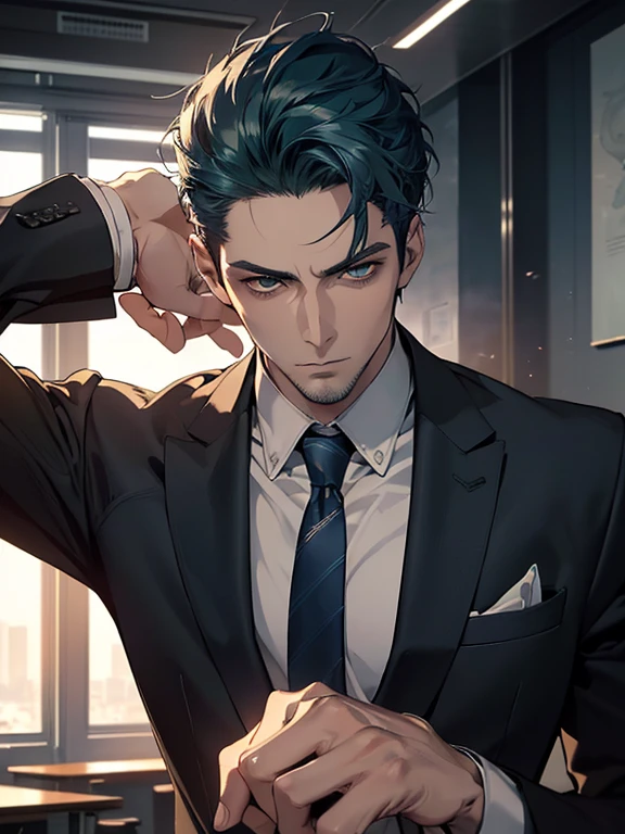(best quality, masterpiece, 8K, photorealistic, cinematic lighting, hdr image, ultra detailed, beautiful image), 1 man, 31 years old, mature man, very handsome, (without expression, serious), short blue hair, green eyes ( penetrating gaze), imposing posture, businessman, office background