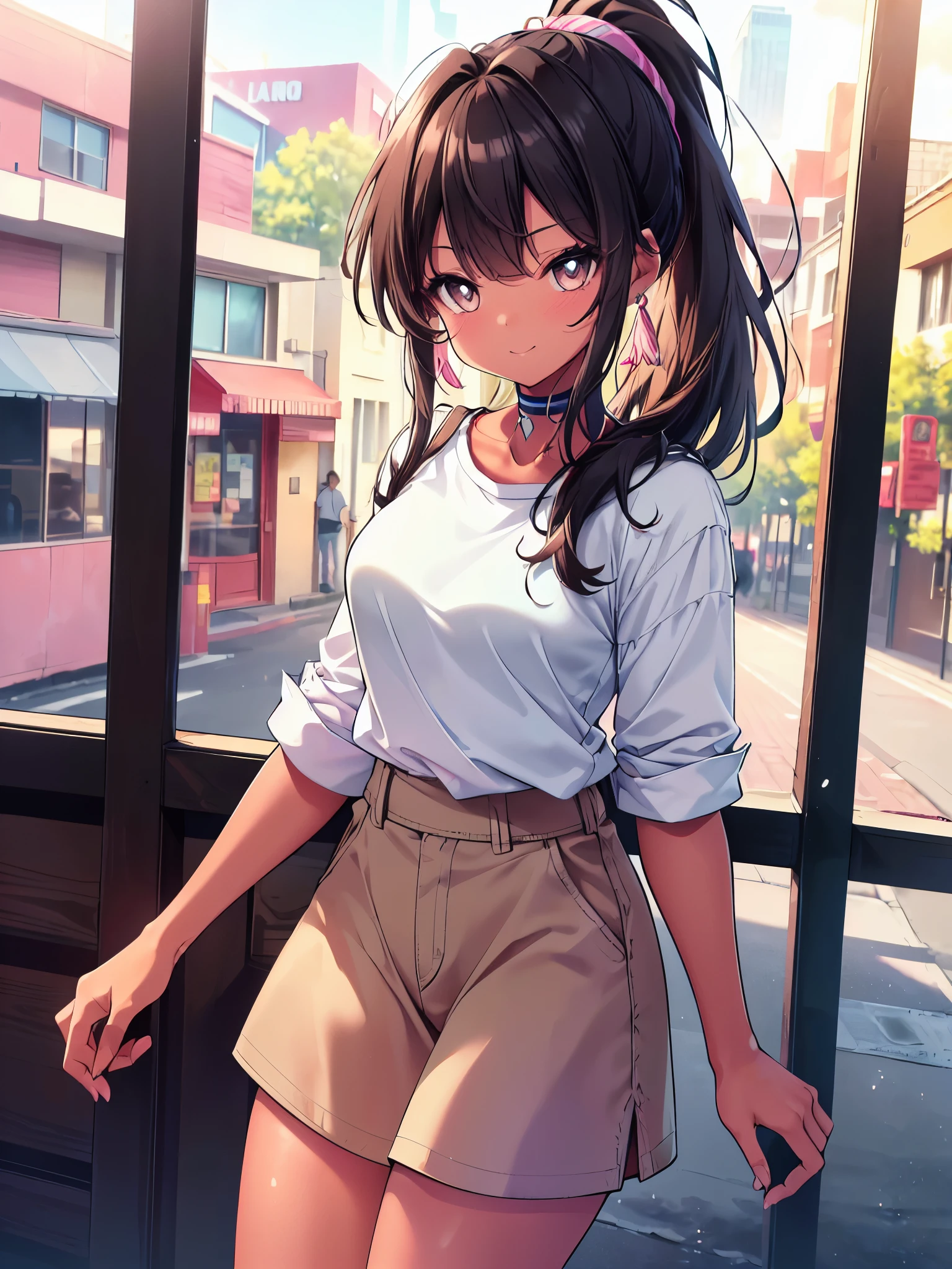 (cowboy shot), (ultra-high resolution, depth of field:1.2), 1woman, medium breasts, (tan skin:1.4), brown eyes, (long straight black hair), ponytail, bangs, (white casual shirt:1.4), light blue chocker, (pink skirt:1.1), (light blue stripes), (fishnets), tight strap, gentle smile, urban scenery