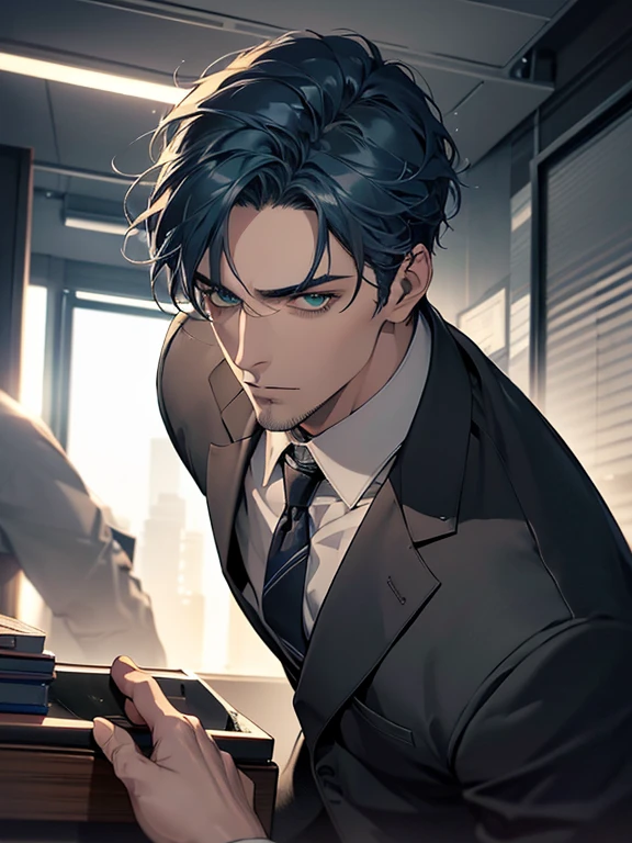 (best quality, masterpiece, 8K, photorealistic, cinematic lighting, hdr image, ultra detailed, beautiful image), 1 man, 31 years old, mature man, very handsome, (without expression, serious), short blue hair, green eyes ( penetrating gaze), imposing posture, businessman, office background