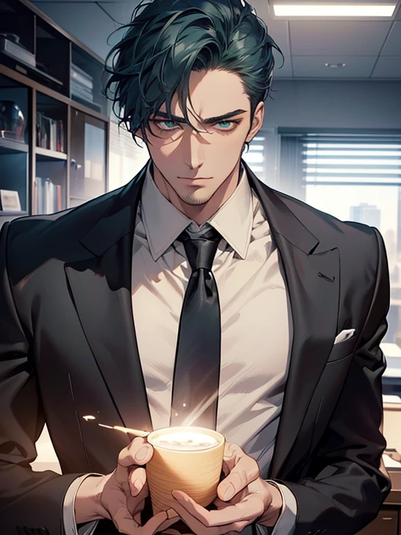 (best quality, masterpiece, 8K, photorealistic, cinematic lighting, hdr image, ultra detailed, beautiful image), 1 man, 31 years old, mature man, very handsome, (without expression, serious), short blue hair, green eyes ( penetrating gaze), imposing posture, businessman, office background