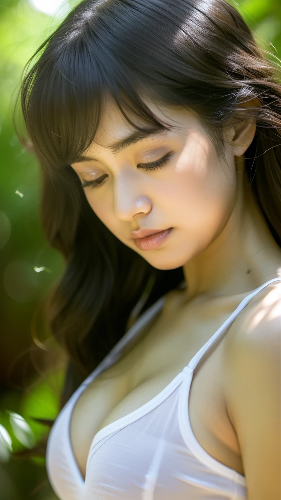 ((((((All Nude))))))((((((((Nipples、pubic hair))))))))、(((((White see-through camisole)))))1girl in,Very beautiful 16 year old Japan woman、beautidful eyes、cleavage of the breast、Night came、Severe thunder and rainstorms、the wind、cloudy ash sky、It's raining a little、Body like a model、JumpHigh-level image quality、Top image quality、Looking at the camera、Focus on the eyealdives、shores、 in the jungle、Sleeping face down on the beach
