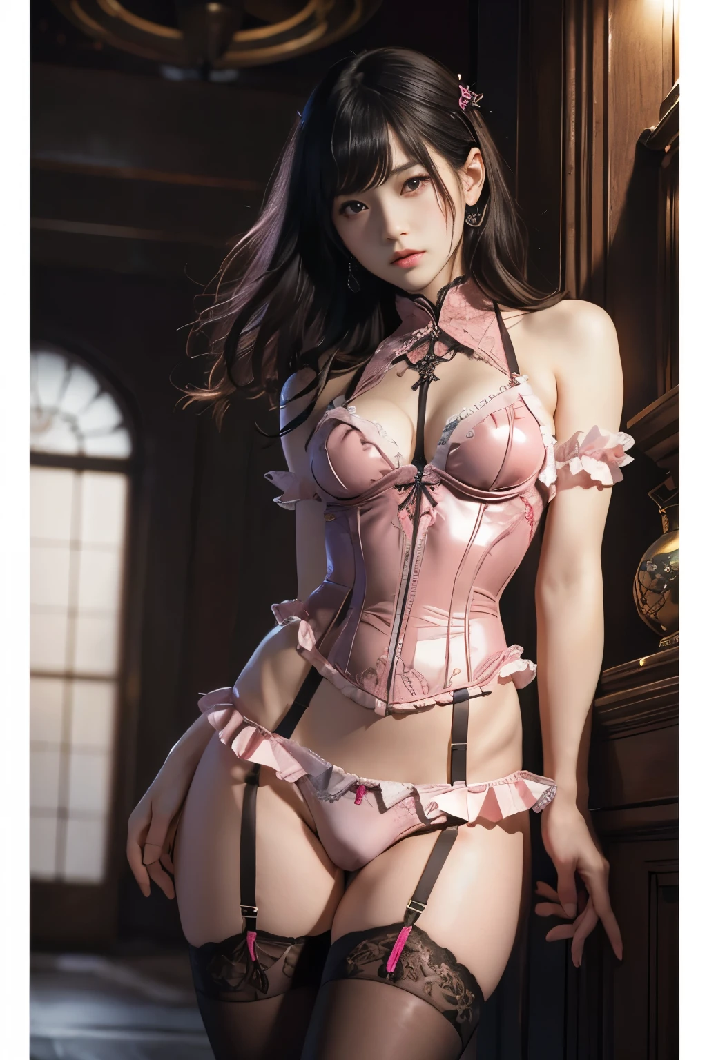 highest quality, masterpiece, Ultra-high resolution, (Reality: 1.9), (((Absolute full-length image,Front view))),Japan Maiden 、 ((Ultra-Realistic Details)) 、 Portrait 、 Octane Rendering 、 In 8K 、 Ultra Sharp 、 ( Pink corset and pink panties、garter belt、Frills)、 ((Bondage meets goth)) 、Intricate decorative details 、 Vivid colors 、 Very intricate detail 、 Realistic Light 、 CG Trends、Sparkling Eyes、Facing the camera、Small breasts、short chestnut hair、Full body upright pose、dungeon room
