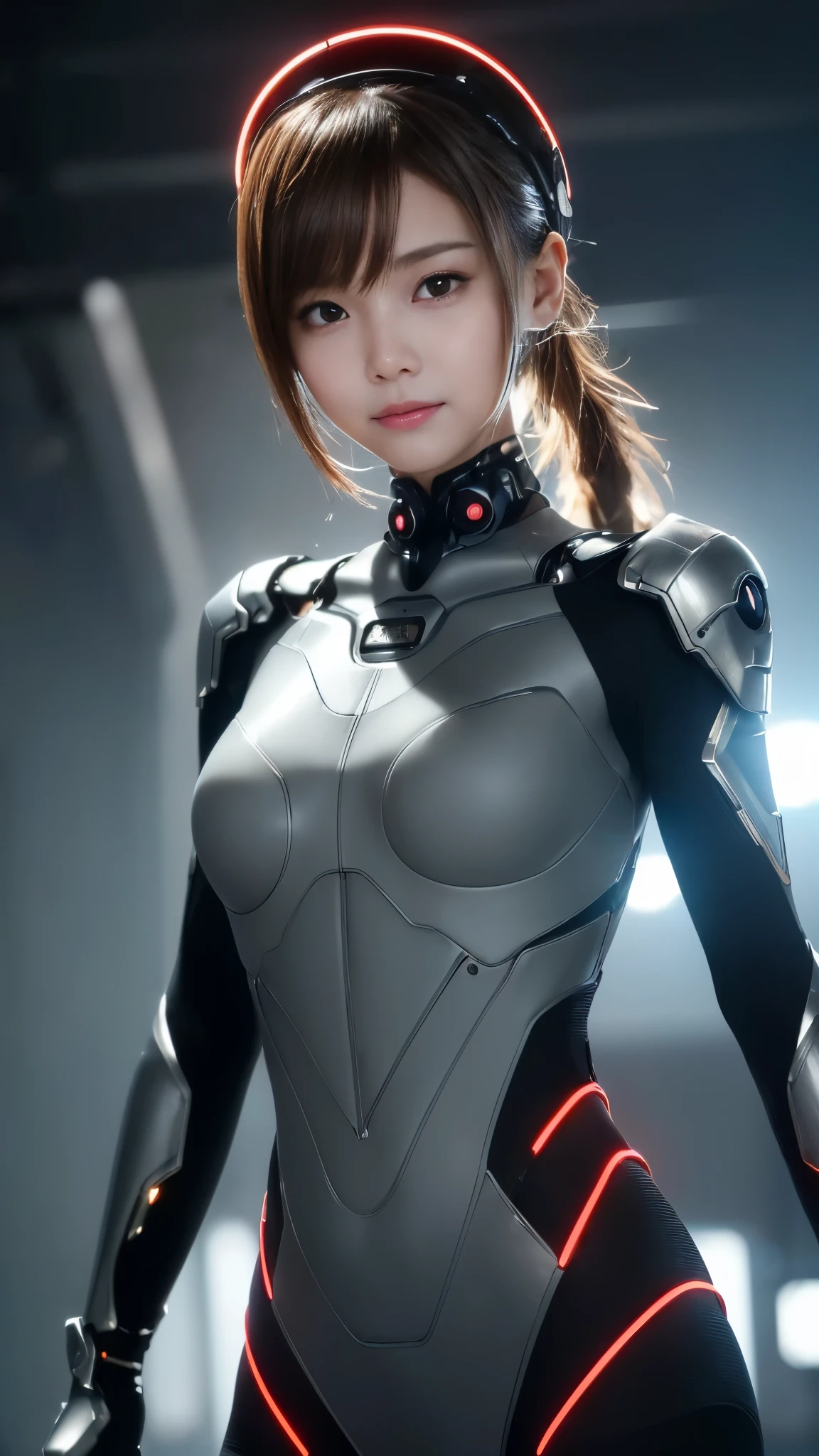 ((Steam is emitted from the whole body:1.2, A tremendous amount of aura)), ((highest quality)), ((masterpiece)), ((Realistic)), (detailed), (Photorealistic:1.5), (Future Beautiful Girl:1.3, Baby Face:1.7), (Japanese, Korean, Chinese), (Very thin body), (((Tight grey bodysuit))), ((14 years, Height 143cm)), ((SF:1.3)), Armor Light, ((Cybernetic Headwear, Smart Devices)), (Brown Hair, Long Hair, Pineapple hair), (((Small and slender figure))), (Looking into the camera:1.2, Smile), ((Sexy pose:1.2)), Hmph, Ray Tracing, NVIDIA, Super Resolution, Scattered beneath the surface, PBR Texturing, postprocessed, Anisotropic Filtering, Depth of written boundary, Maximum clarity, Rule of thirds、8K RAW、(非常にdetailedなCG, Unity 8k wallpaper, (Cinematic lighting:1.1), (Lens flare), Reflective plate, Sharp focus, (Cyberpunk art, Cyberpunk architecture), (Accurate Shadows:1.2), (detailedな目と顔:1.3), detailedな手:1.3, &#39;s small hand:1.3)