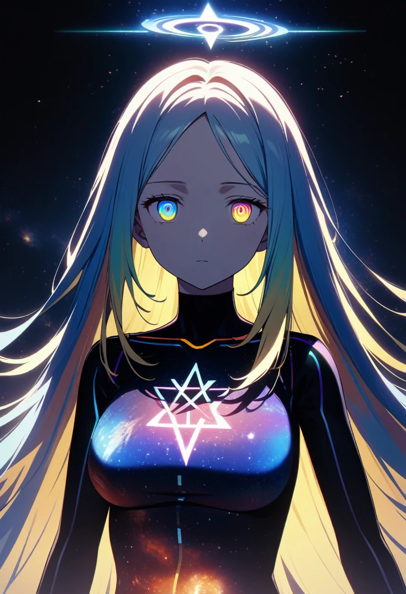 outer space, very long hair, blonde hair, blue hair highlights, red bangs, yellow bangs, shining eyes, (multicolored eyes:1.5), (galaxy-shaped eyes:1.5), blue eyes, yellow eyes, large breasts, colorful outfit, (galaxy-print outfit:1.5), (emotionless:1.5), (expressionless:1.5), unicursal hexagram halo, black, backlight, glow, looking at viewer, perfect composition, Perfect light and shadow, 8K, holographic spiked wings, godlike, boundless, deity, visual glitch, static