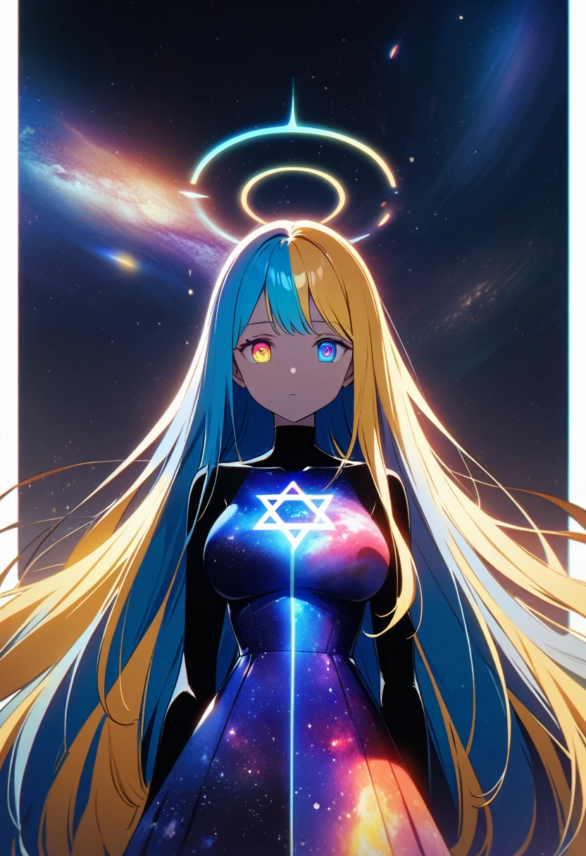outer space, very long hair, blonde hair, blue hair highlights, red bangs, yellow bangs, shining eyes, (multicolored eyes:1.5), (galaxy-shaped eyes:1.5), blue eyes, yellow eyes, large breasts, colorful outfit, (galaxy-print outfit:1.5), (emotionless:1.5), (expressionless:1.5), unicursal hexagram halo, black, backlight, glow, looking at viewer, perfect composition, Perfect light and shadow, 8K, holographic spiked wings, godlike, boundless, deity, visual glitch, static