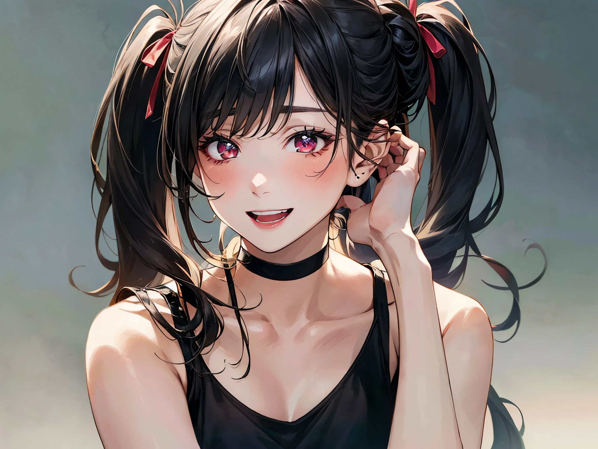 (masterpiece:1.3, top-quality, ultra high res, ultra detailed), (realistic, photorealistic:1.3), beautiful illustration, perfect lighting, natural lighting, colorful, depth of fields, ,
beautiful detailed hair, beautiful detailed face, beautiful detailed eyes, beautiful clavicle, beautiful body, beautiful chest, beautiful thigh, beautiful legs, beautiful fingers, shiny skin,
looking away, (face focus, extreme close-up, portrait), 1 girl, idol, 16 years old, (perfect anatomy, anatomically correct, super detailed skin), cute and symmetrical face, babyface, perfect face, perfect eyes, perfect body,
(long hair, twintails, sideburns, black hair), bangs, maroon eyes, drooping eyes, big eyes, long eyelashes, (mwdium breasts, seductive thighs), slender,
(detailed cloth texture), short sleeve, clavicle, (black camisole:1.2), break, grey mini skirt, break, pink long hair ribbon, black choker, black manicure,
(beautiful scenery), summer, late afternoon, (heart background), , ((hands on chin)), (heart-shaped pupils, half-closed eye, aroused, crazy smile, orgasm, in heat, naughty face, open mouth),