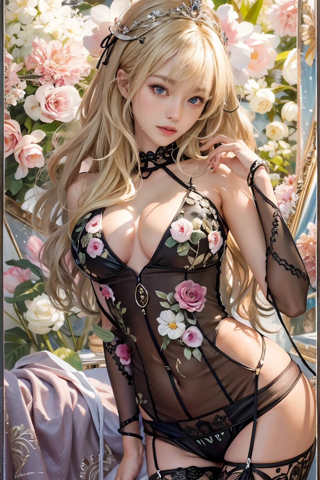 Realistic, High resolution, Soft Light,1 japanese female with slim body, 25 years old, alone, Hip Up, Glowing Skin, (Detailed face),{(fully naked:1.4), flower body painting:1.3}, night, Blonde Hair, Wavy Hair, spouse, Eyes that beckon, The spouse's perspective, Attractive look, Sexy smile, Perfect Style, Perfect balance, Fine skin, Naughty look, I can see your chest, huge firm bouncing bust, hard nipples, luxsury sweet room of crouse ship