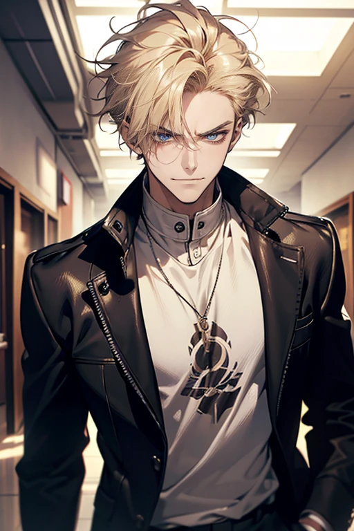(tmasterpiece, high resolution, ultra - detailed:1.0), (1 boy, Young male, masculine face), Perfect male body, Adult male, Delicate eyes and delicate face, Extremely detailed CG, Unity 8k wallpaper, Complicated details, Detailed face, (blond hair, messy hair, serious faces, white T-shirt,Bad students), (frown,evil smile:1.3), hand in pocket, school corridor,black leather jacket, color difference, Depth of field, dramatic shadow, Ray tracing, Best quality, Cinematic lighting, offcial art,Portrait