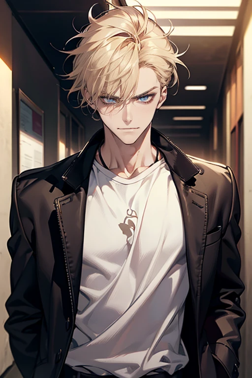 (tmasterpiece, high resolution, ultra - detailed:1.0), (1 boy, Young male, masculine face), Perfect male body, Adult male, Delicate eyes and delicate face, Extremely detailed CG, Unity 8k wallpaper, Complicated details, Detailed face, (blond hair, messy hair, serious faces, white T-shirt,Bad students), (frown,evil smile:1.3), hand in pocket, school corridor,black leather jacket, color difference, Depth of field, dramatic shadow, Ray tracing, Best quality, Cinematic lighting, offcial art,Portrait