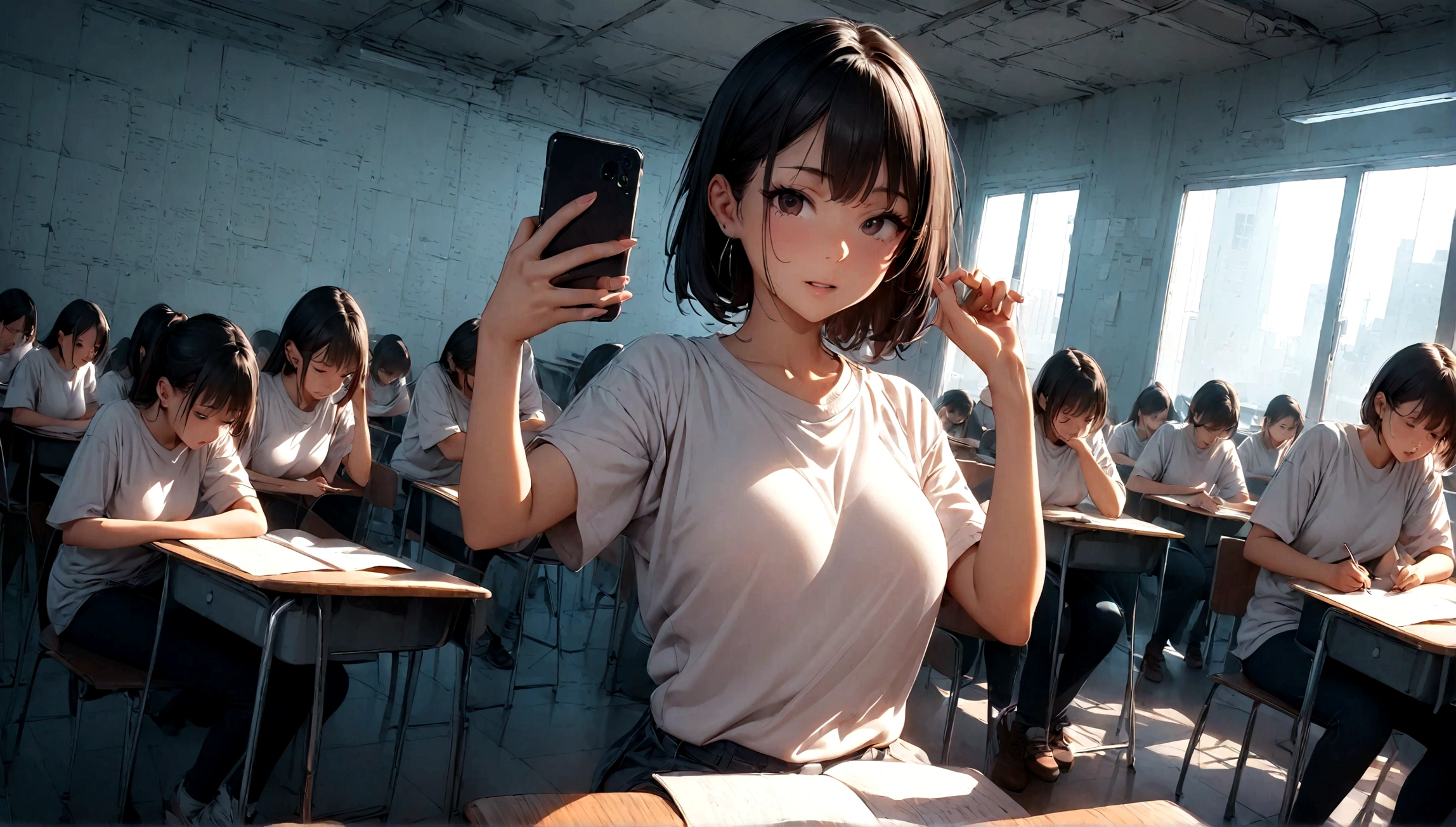 ((many students:1.8) are sit and taking the exam:1.5), (1female gal taking selfie of herself taking the exam), BREAK ,quality\(8k,wallpaper of extremely detailed CG unit, ​masterpiece,hight resolution,top-quality,top-quality real texture skin,hyper realisitic,increase the resolution,RAW photos,best qualtiy,highly detailed,the wallpaper,cinematic lighting,ray trace,golden ratio\),long shot