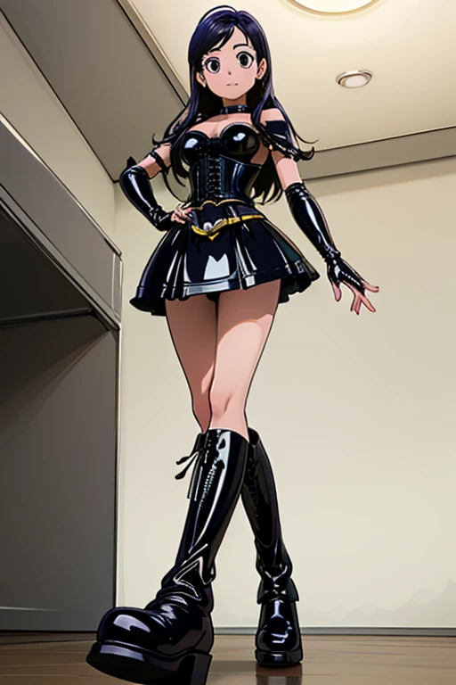 BDSM、Queen、spouse、(((One Girl)))、alone、(((Shiny latex costume)))、(((Long gloves covered in black latex all the way to the fingertips:1.4 )))、(((black latex corset dress:1.4)))、 (((Beautiful lace corset dress.)))、(((corset dress with shoulder straps)))、(((black latex tight miniskirt:1.4)))、(((Black thigh-high boots)))、(((Black fishnet stockings:1.2 )))、Stiletto heels、(((Black latex panties)))、(((black latex bra)))、(((Black leather collar)))、(((erotic)))、Long black hair、masterpiece、High resolution、 High resolution、masterpiece、Anatomically perfect body、Anatomically perfect hands and feet、Detailed face、Fine grain、Cold Stare、Inside the house、Facing forward、Concrete Background、Hands on hips、(Cure White)、Belt of Hearts、(((Looking down)))、View from below