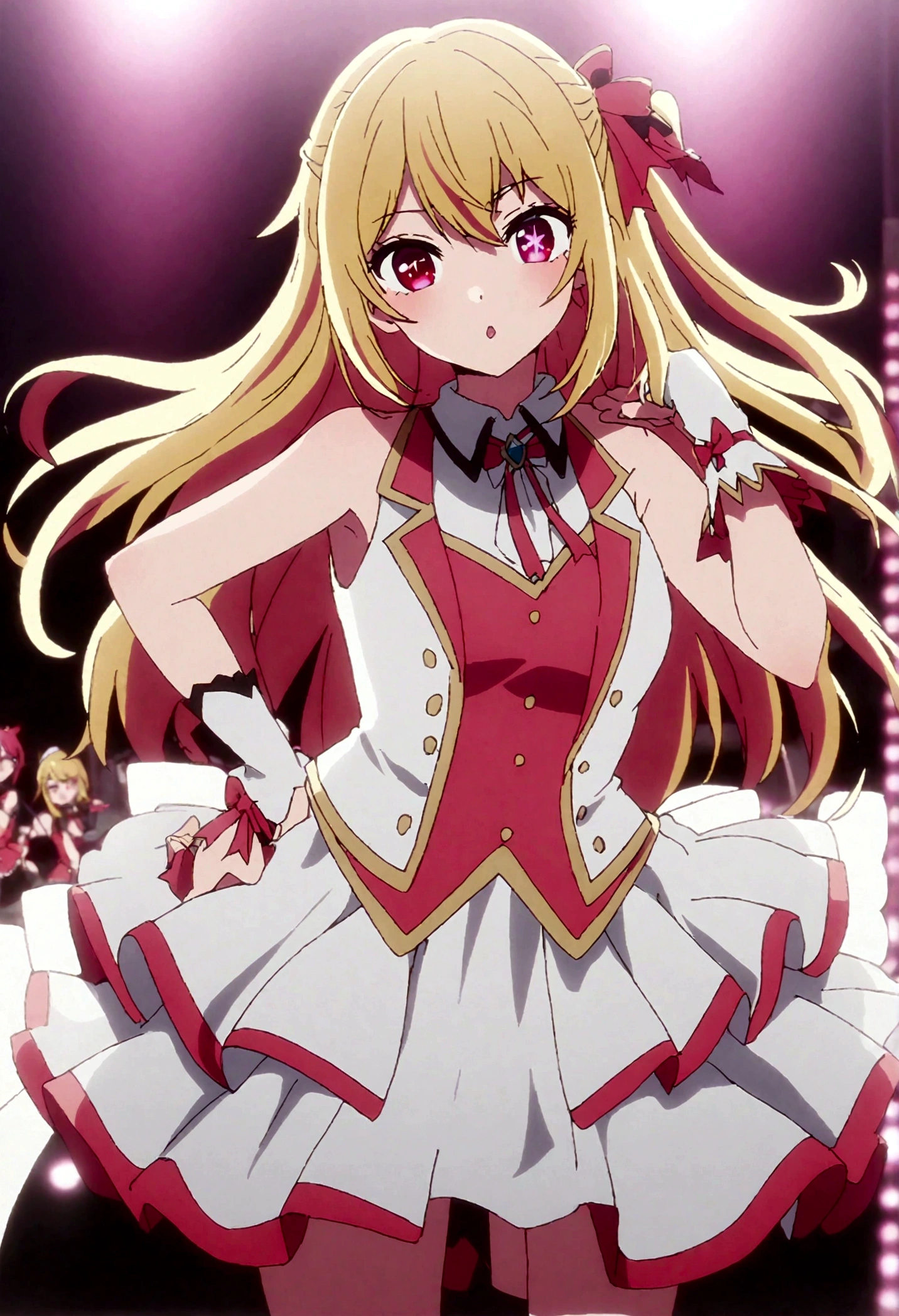hoshinoruby, star-shaped pupils, ruby_hoshino, idol, blonde hair, bangs, 1girl, pink eyes, long hair, looking at viewer, red eyes, streaked hair, idol costumes, on stage,