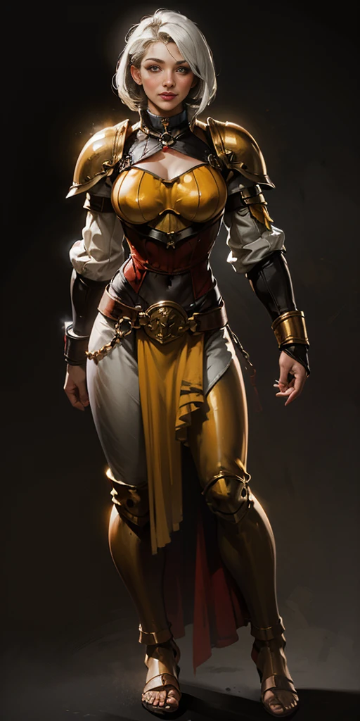 (Forest:Face:LORA)((BLACK BACKGROUND 1:2, masterpiece)) 1solo female full body MILF BIMBO standing straight symmetrical with two long thighs and two metal sandals, red eyes like rubies, eye focus looking to the viewer, silver white hair, short bob style hair, big knockers breastplate, breastplate, cleavage, tiara royal, long cape up to two feet, yellow bikini (yellow tiger stripes), lustful smirking smiling, smile face (red blushed, red cheeks), pauldrons metal shoulders, gold sleeveless bracelets, separate sleeves, hands on waist hands OR hips, golden bracers, metal handcuffs, leather corset, red loincloth, black leather choker slave collar, shackles bracelets, slave red crest under navel, navel, big belt around waist OR hips, feet together, metal ankle, two long thighs and two metal sandals